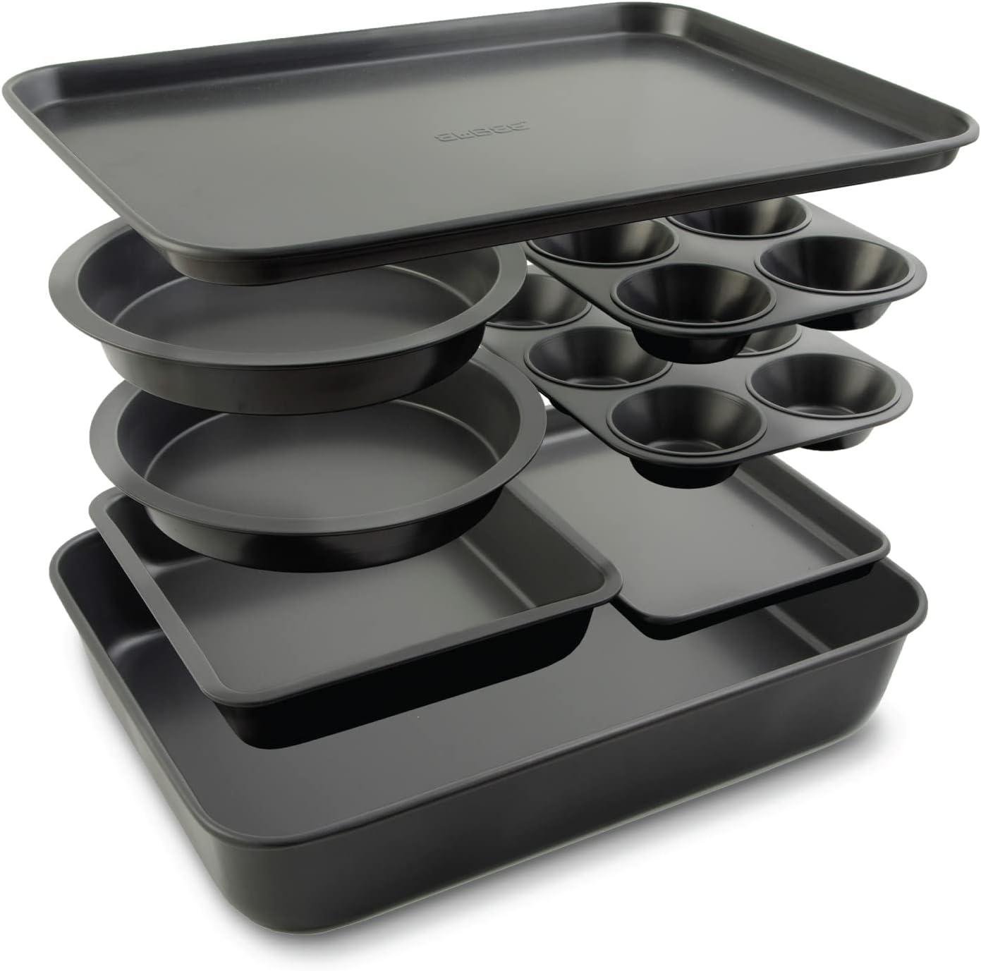 Elbee Home 8 Piece Stack 'n' Store Baking Set, Patented Space Saving Self Storage Design, Nonstick Carbon Steel, Bakeware Set