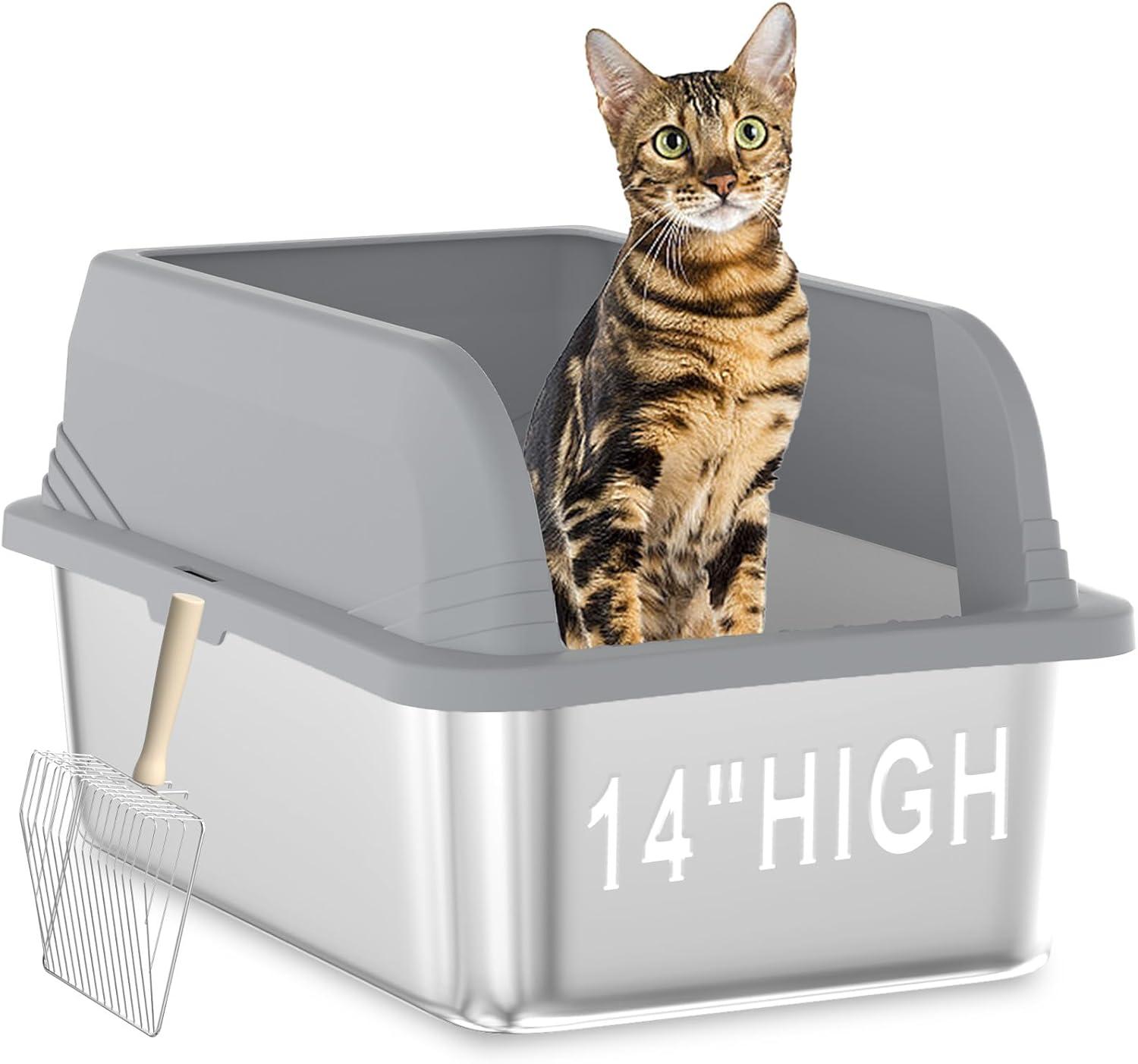 Enclosed Stainless Steel Cat Litter Box with Lid Extra Large Litter Box for Big Cats XL Metal Litter Pan Tray with High Wall Sides Enclosure, Non-Sticky, Anti-Leakage, Easy Cleaning