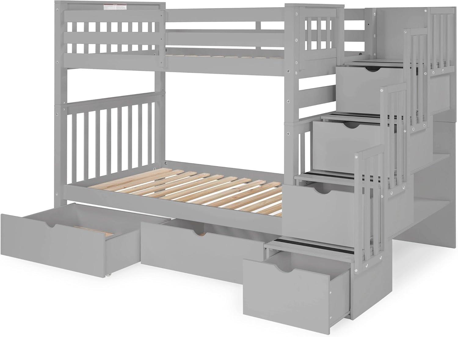 Bedz King Tall Stairway Bunk Beds Twin over Twin with 4 Drawers in the Steps and 2 Under Bed Drawers, Gray