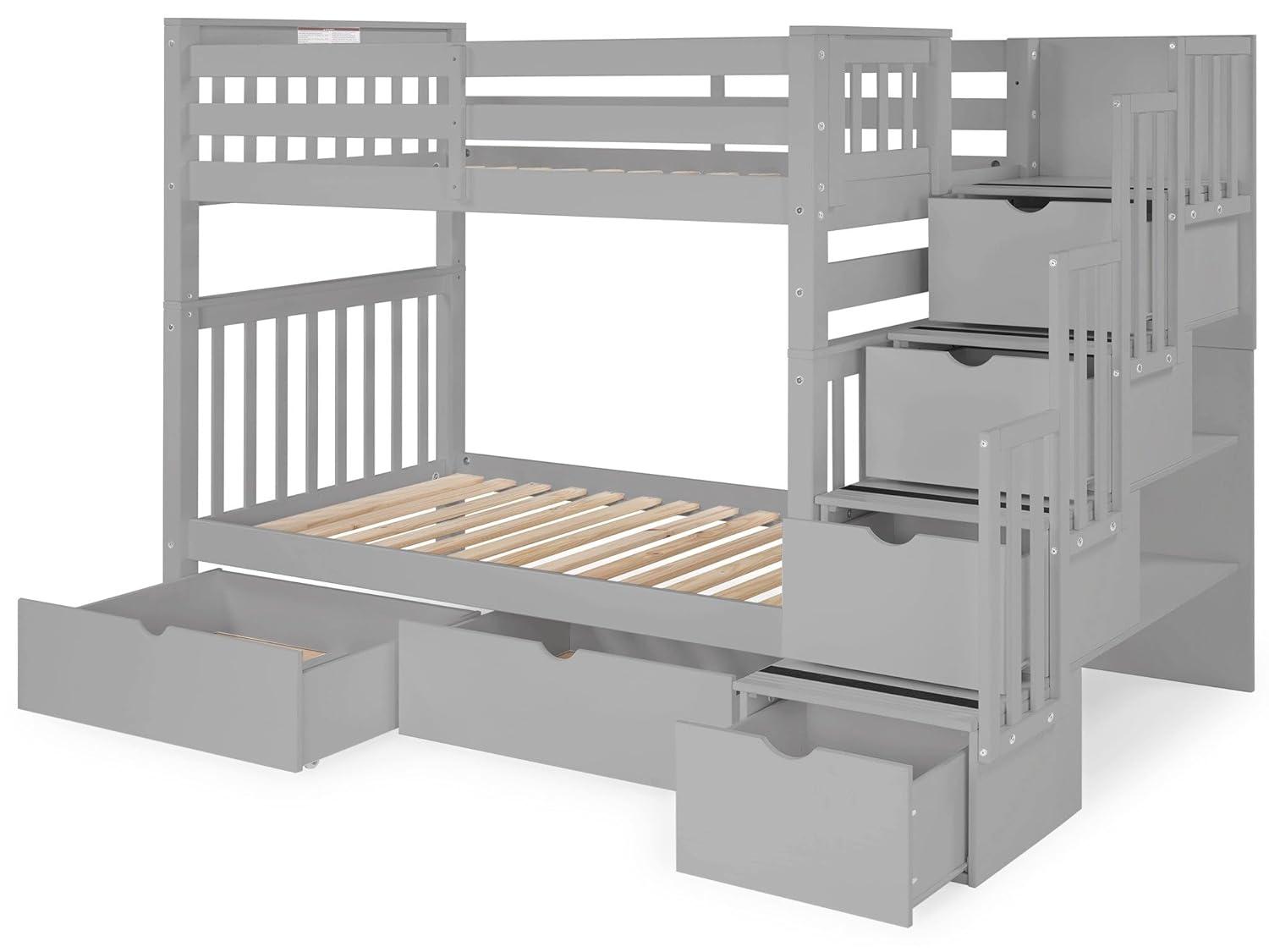 Bedz King Tall Stairway Bunk Beds Twin over Twin with 4 Drawers in the Steps and 2 Under Bed Drawers, Gray