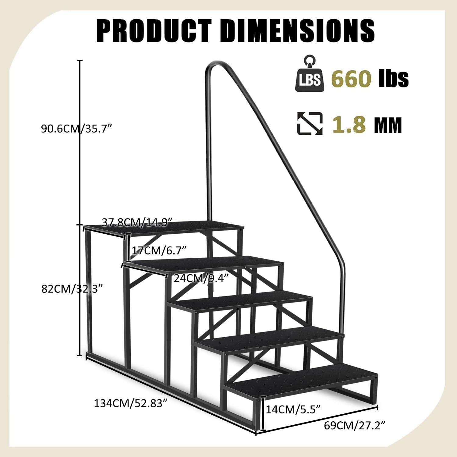 Tcbosik RV Steps with Handrail, 5 Steps Ladder Hot Tub Steps, Portable Stairs Step with Anti-Slip Panel, Heavy Duty Metal Mobile Home Stairs for Outdoor RV Step, Camper Trailer, Black