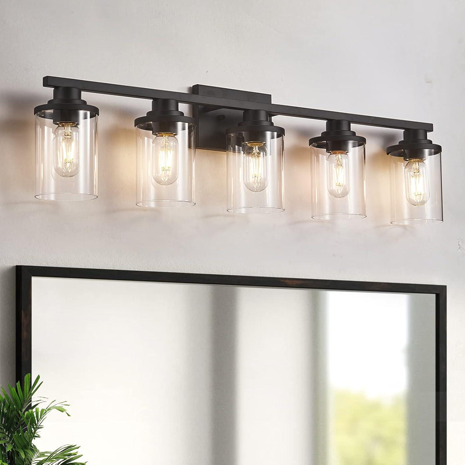 Matte Black 5-Light Bathroom Vanity Fixture with Glass Shades