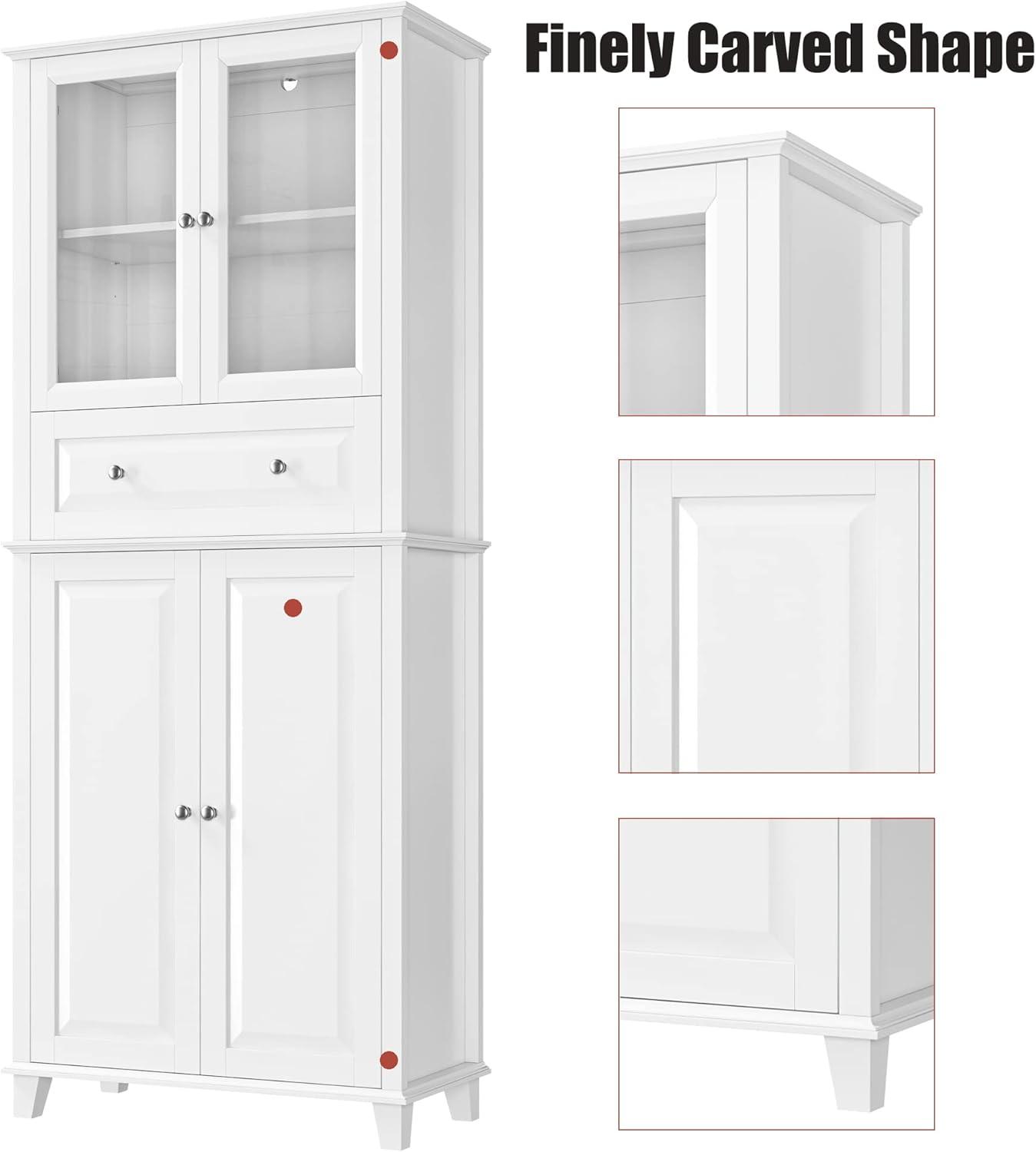 76'' White Freestanding Kitchen Pantry Cabinet with Glass Doors