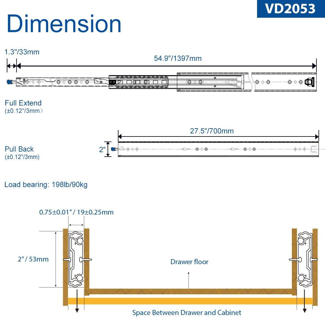 VADANIA VD2053 Heavy Duty Drawer Slides with Lock, 265lb Load Capacity, 28inch/700mm 1 Pairs