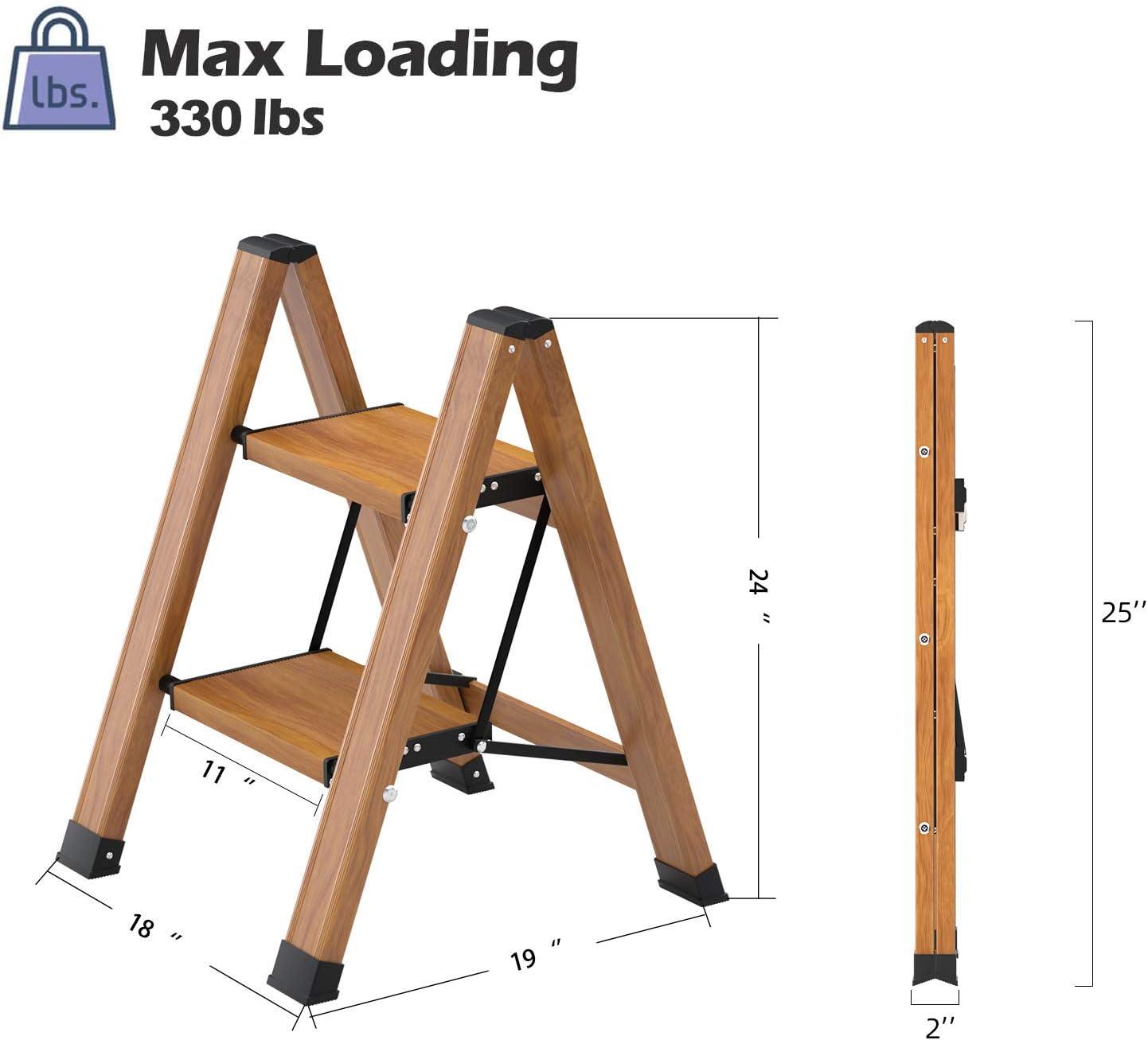 Woodgrain Aluminum Foldable 2-Step Ladder with Anti-Slip Pedals