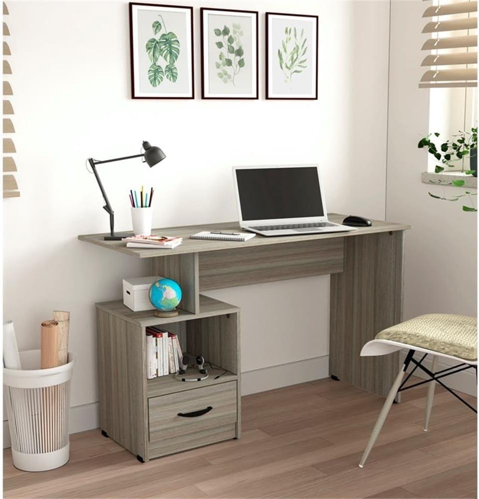 Inval Modern Writing Desk with Drawer and Open Storage, Smoke Oak