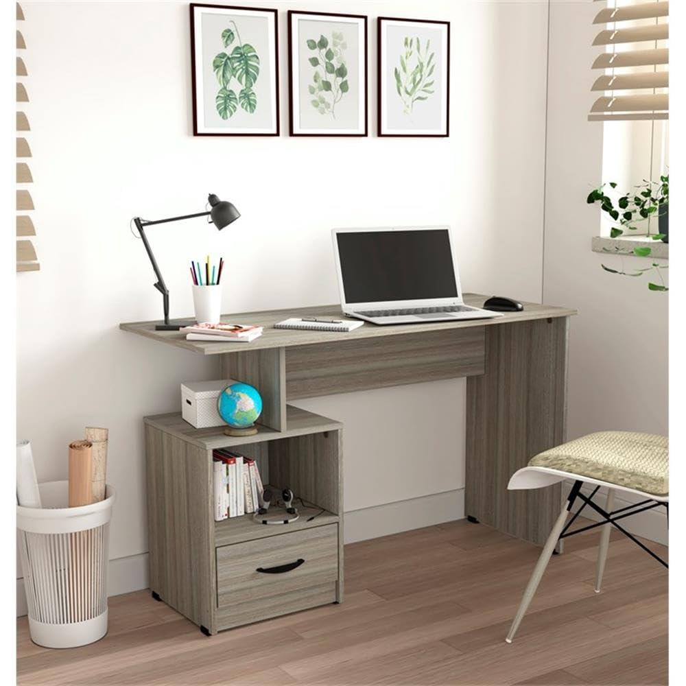 Inval Modern Writing Desk with Drawer and Open Storage, Smoke Oak