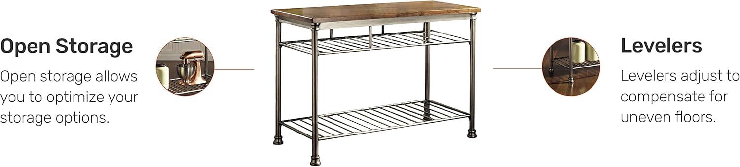 Orleans Kitchen Island: Homestyles Metal Frame, Wood Surface, 2 Shelves Storage Cart - Brown