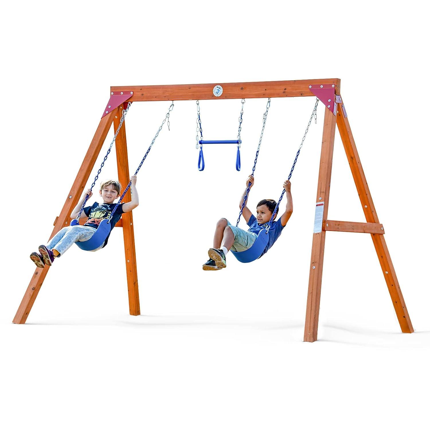 Dolphin Playground Wooden Swing Sets for Backyard, Family DIY Kit for Any Swings, Outdoor Playset for Kids with Trapeze Swing Bar and 2 Belt Swings, Heavy Duty Playground Accessories, Ages 3-10