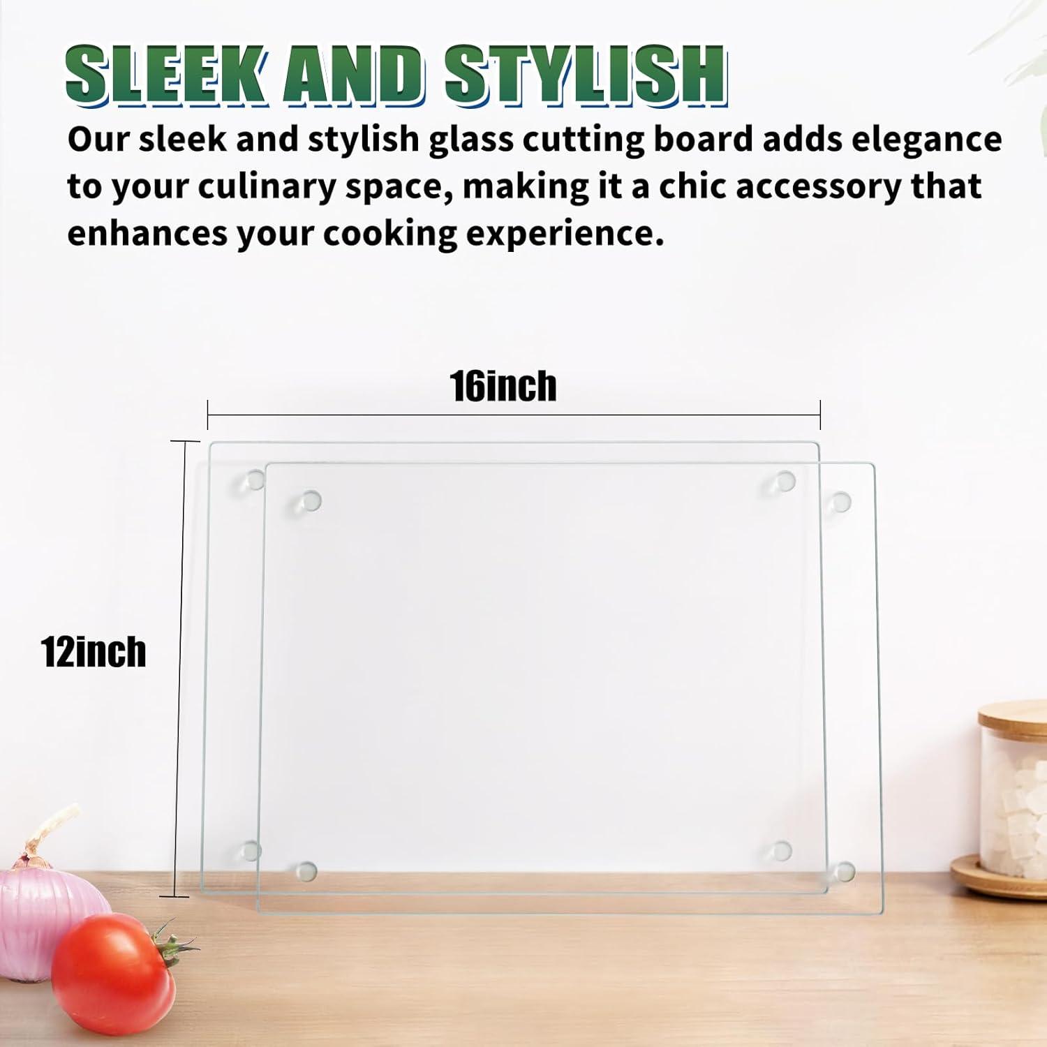 Tempered Glass Cutting Board for Kitchen, Clear Glass Board for Countertop, Heat Resistant, with Non-Slip Feet, 12x16" & 12x8" 2 Pcs Clear