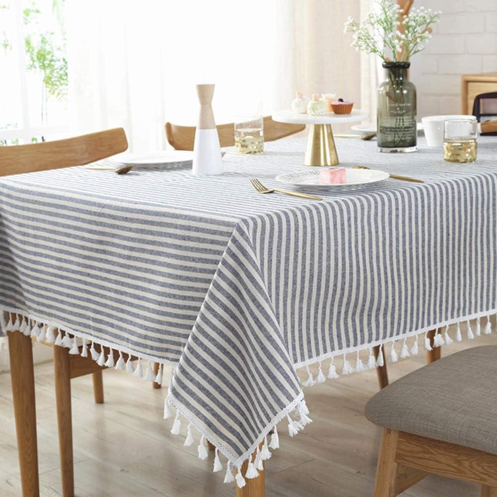 AMZALI Stripe Tassel Tablecloth Cotton Linen Stain Resistant/Dust-Proof Waterproof Table Cover for Kitchen Dinning Tabletop Decoration (Rectangle/Oblong,55 x 87 Inch, Blue)