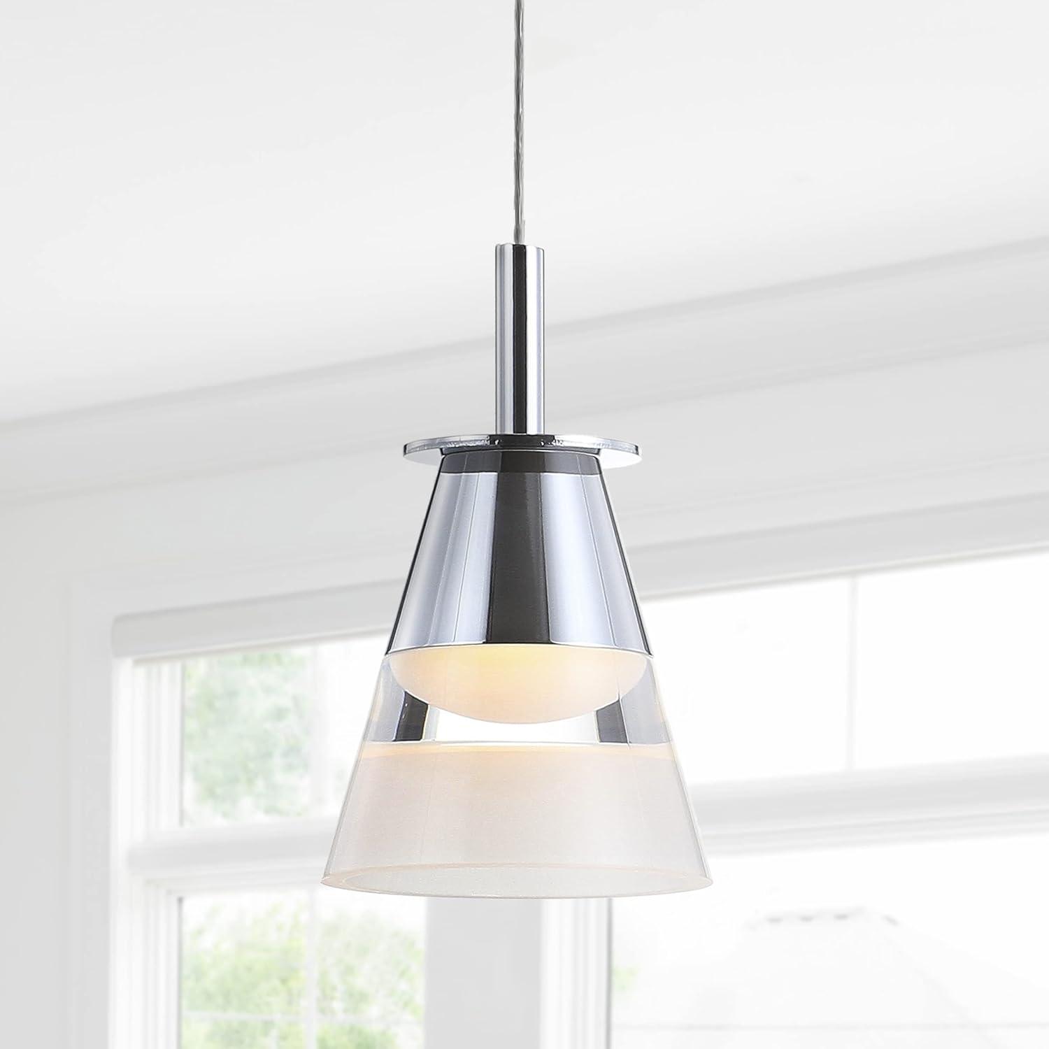 JONATHAN Y JYL7035A Alain 5" 1-Light Adjustable Metal Integrated LED Pendant Contemporary Glam Midcentury Transitional Dimmable Dining Room Living Room Kitchen Bedroom Commercial Office, Chrome/White