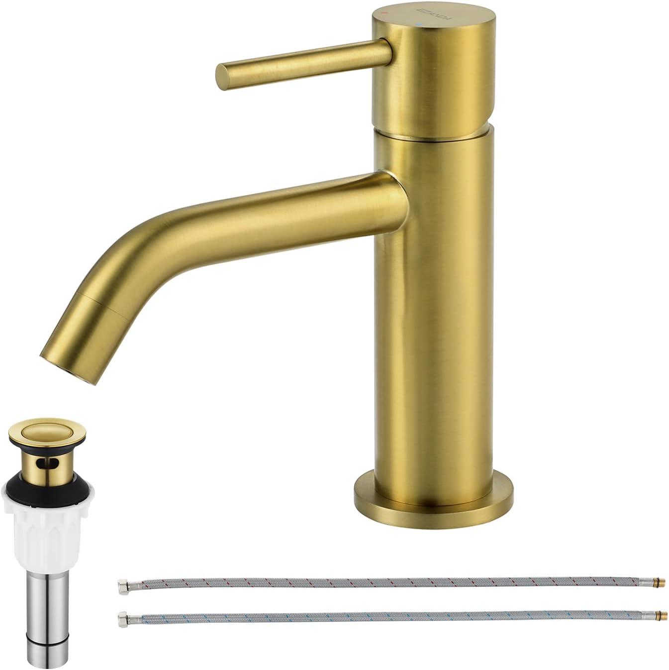 Brushed Gold Brass Single Handle Bathroom Faucet with Pop-Up Drain