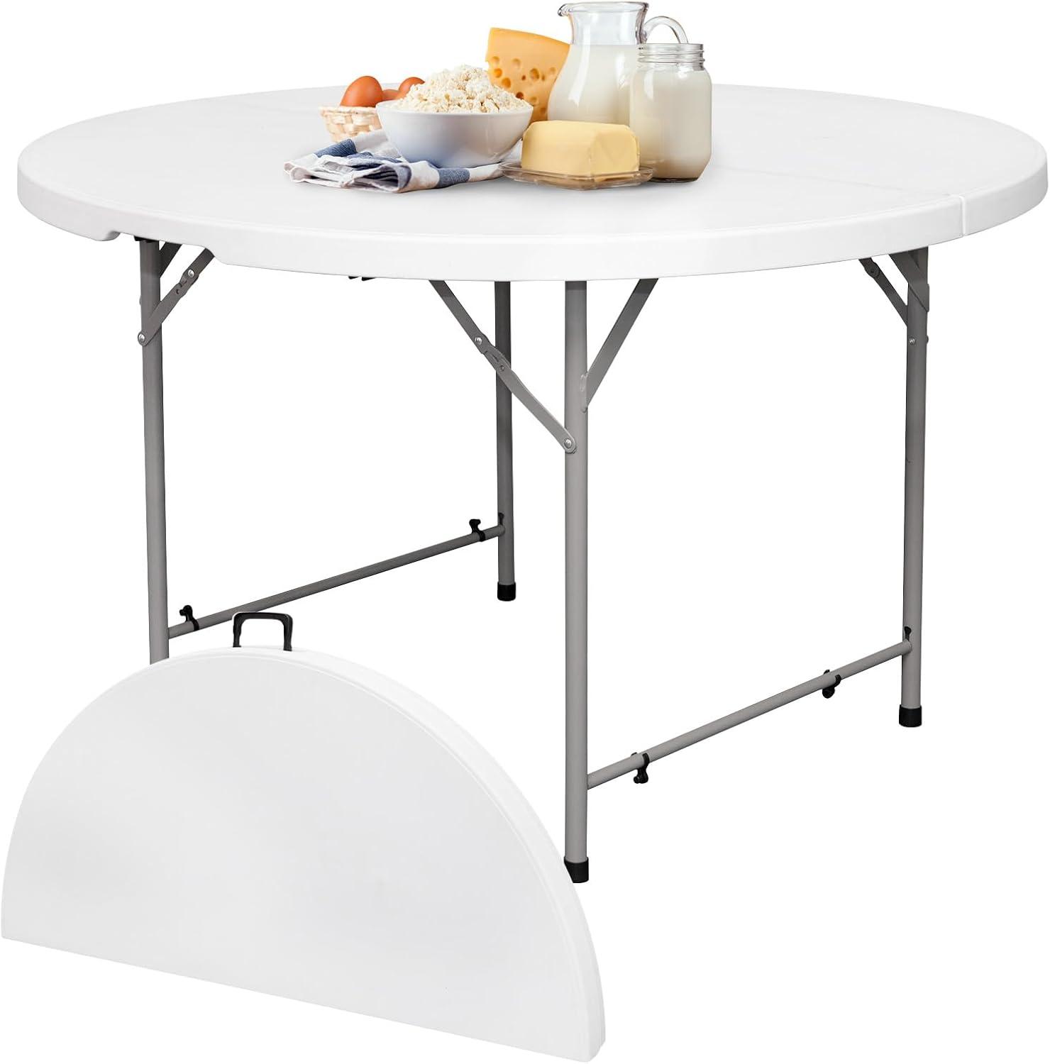 48-Inch White Round Folding Table with Steel Legs