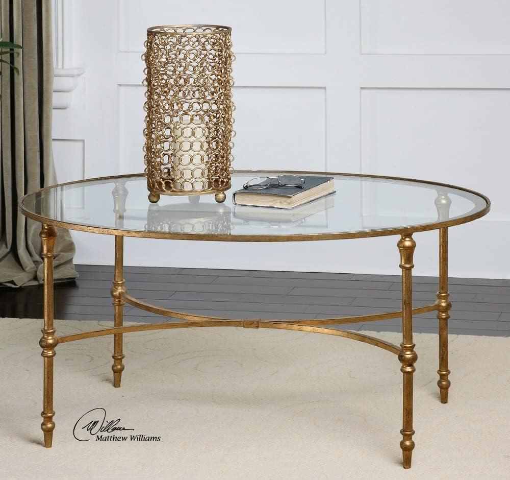 Gold Oval Metal and Glass Coffee Table