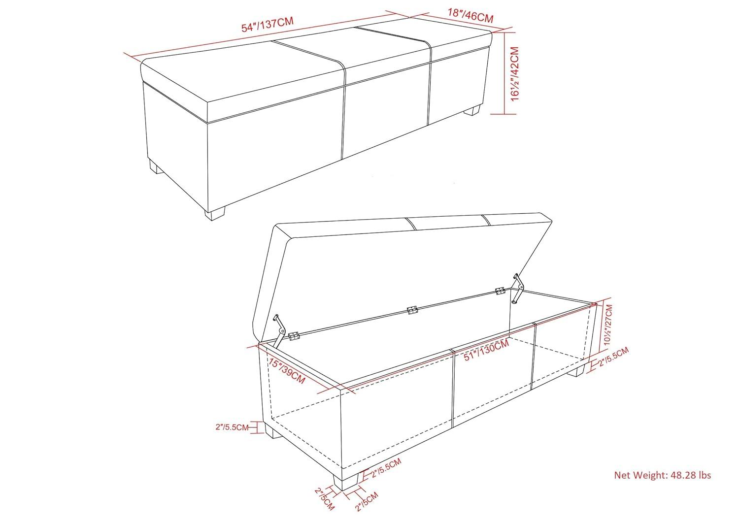 Simpli Home Avalon 54"W Upholstered Storage Ottoman Bench with Interior Storage and Safety Hinges