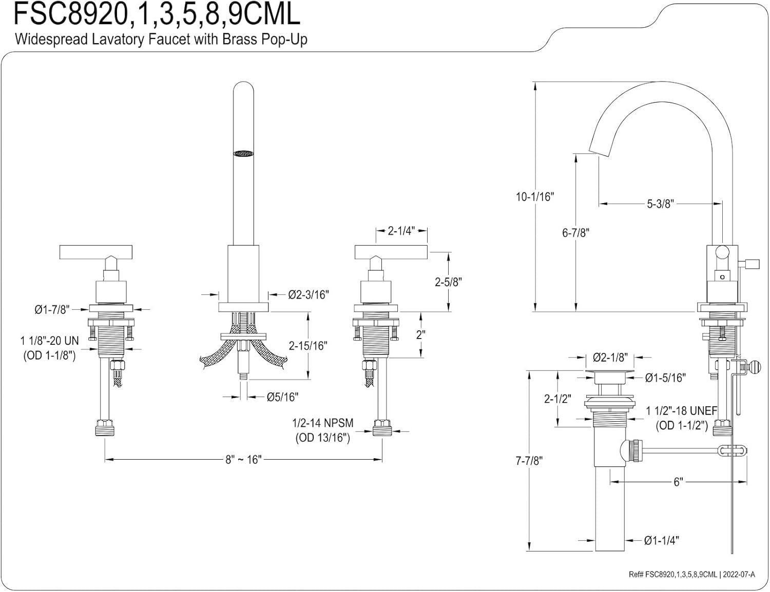 Kingston Brass FSC8925CML Kingston Brass Manhattan Two-Handle 3-Hole Deck Mount Widespread Bathroom Faucet with Brass Pop-Up Drain