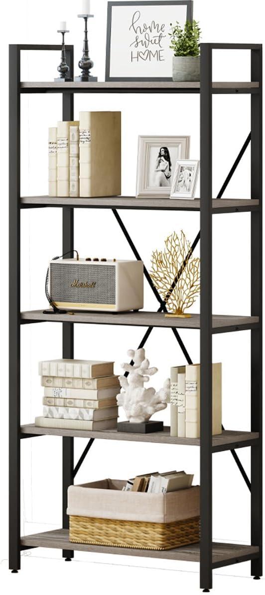 Dark Gray Oak and Black 5-Tier Industrial Bookshelf