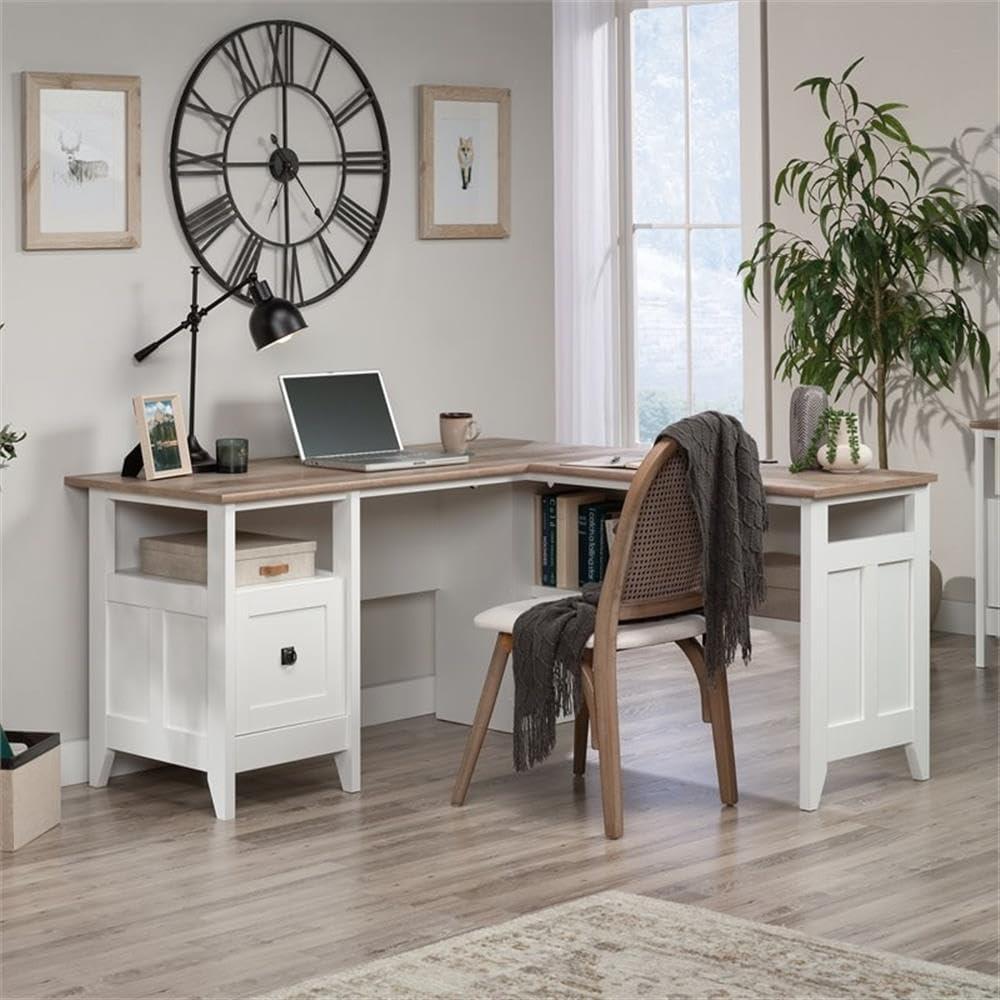 Soft White L-Shaped Wood Corner Desk with Drawer and Keyboard Tray