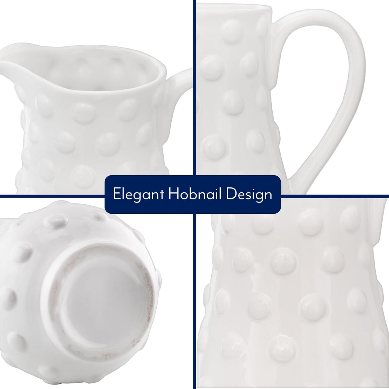 AuldHome Design White Hobnail Ceramic Pitcher, Vintage Retro Farmhouse Style