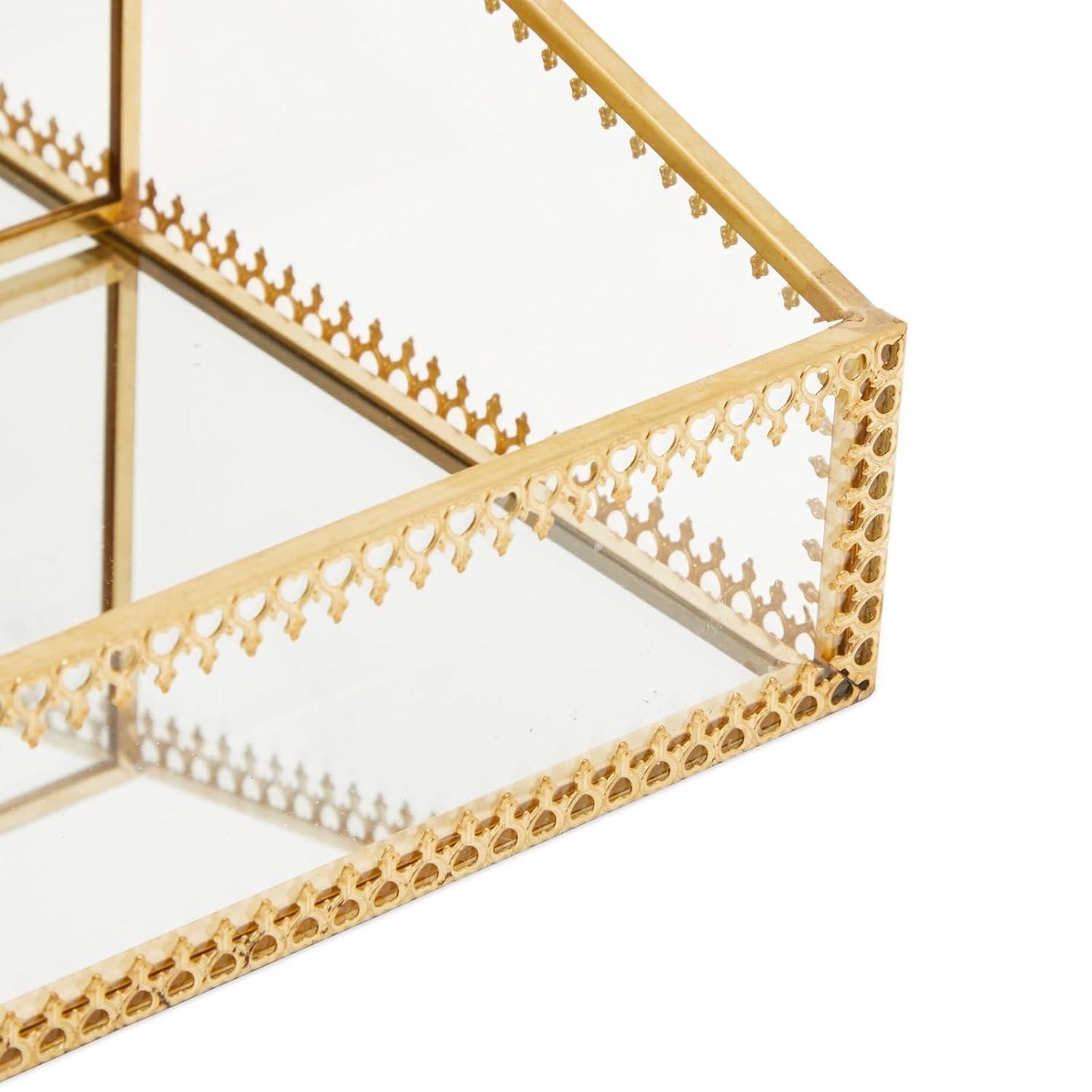 Glamlily Glass Makeup Organizer with Gold Trim, 10 Compartments (10.2 x 7.5 x 3.5 In)