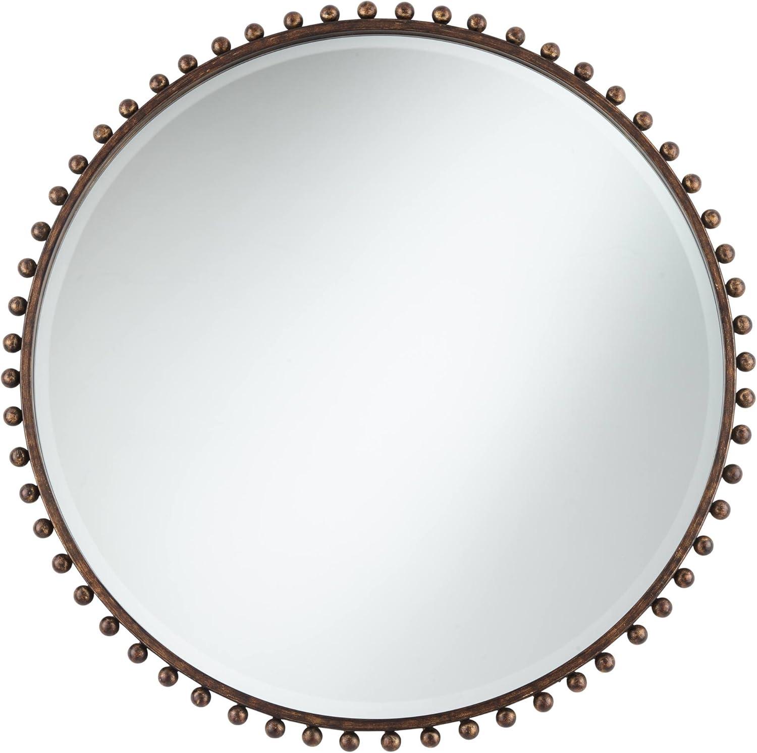 Uttermost Round Vanity Decorative Wall Mirror Rustic Beveled Glass Dark Bronze Beaded Iron Frame 32" Wide for Bathroom Living Room