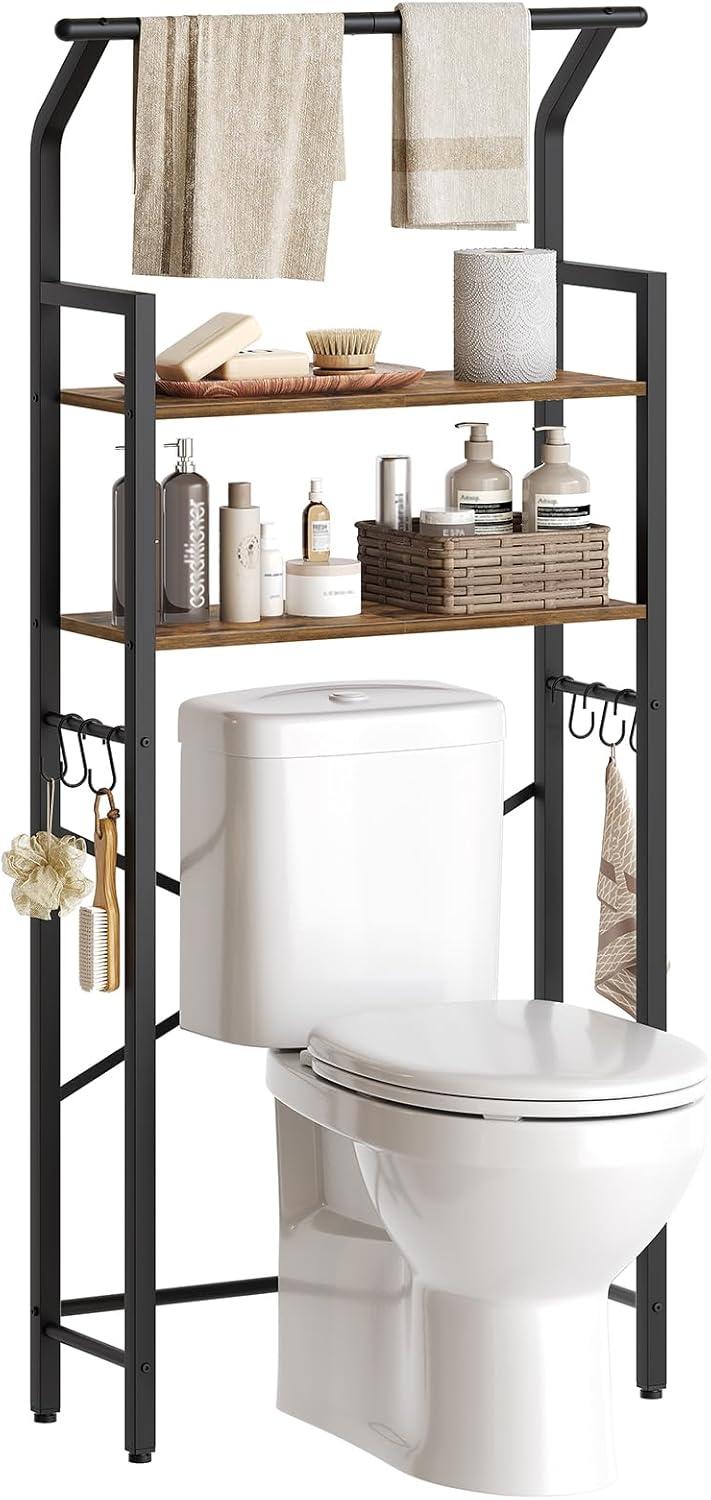 Over The Toilet Storage, 2-Tier Bathroom Organizer Shelves with Hooks, Multifunctional Vertical The Toilet Shelf Storage Rack for Bathroom, Rustic Brown and Black TR01BR
