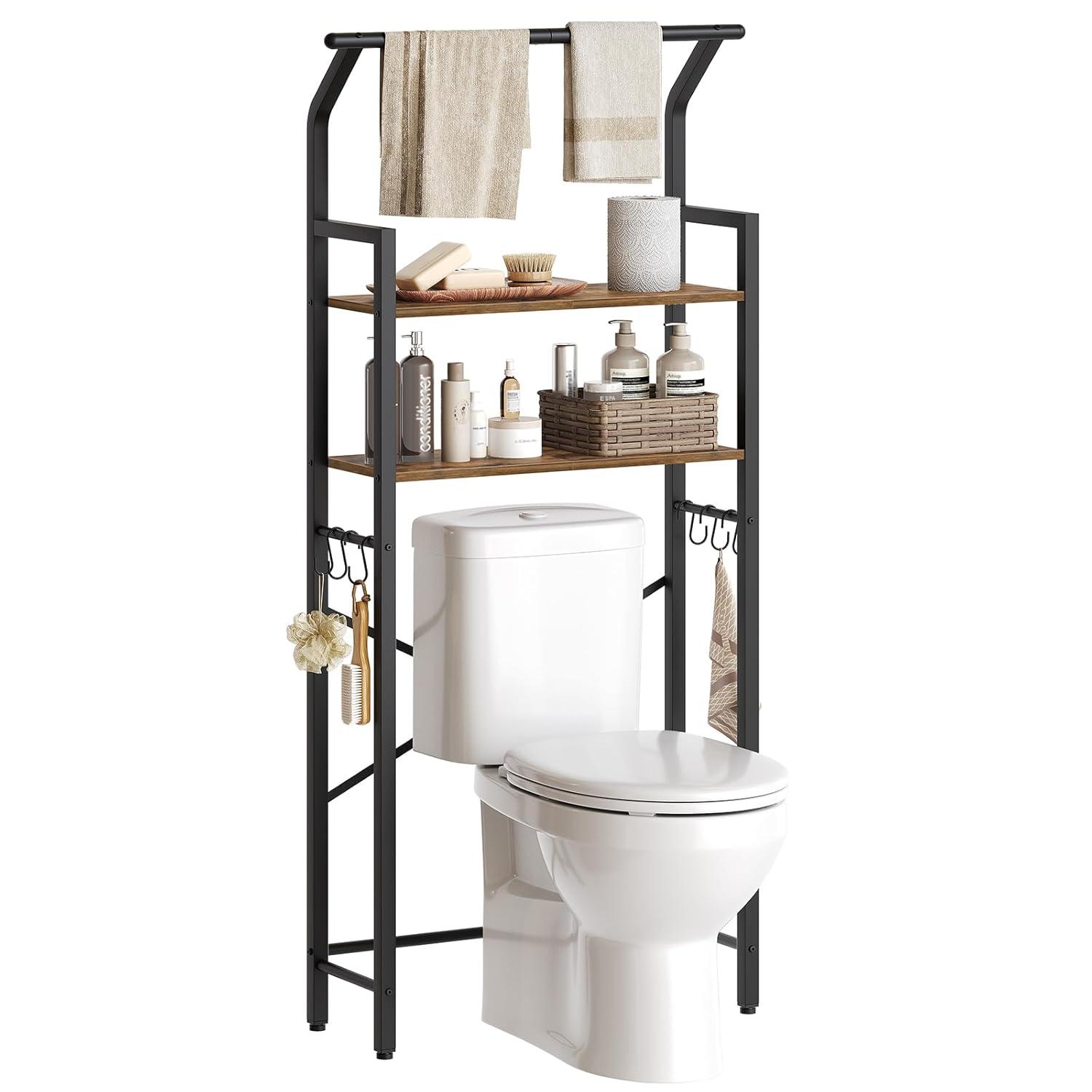 Over The Toilet Storage, 2-Tier Bathroom Organizer Shelves with Hooks, Multifunctional Vertical The Toilet Shelf Storage Rack for Bathroom, Rustic Brown and Black TR01BR