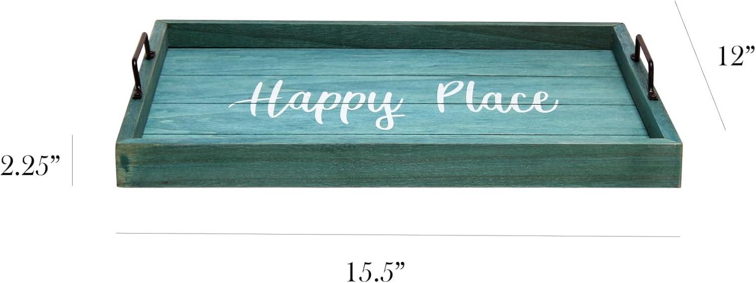 Elegant Designs 15.5" x 12" Decorative Wood Serving Tray, "Happy Place", Blue Wash