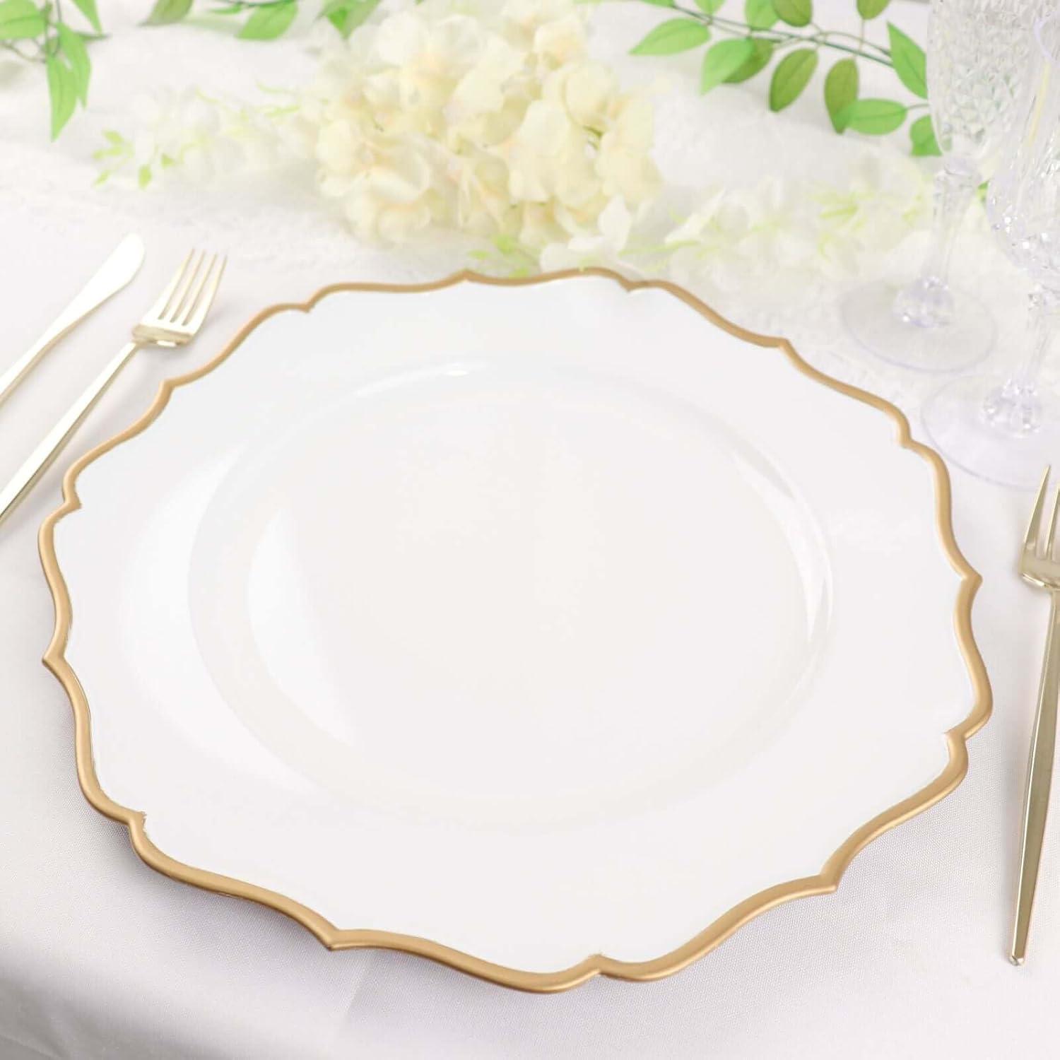 Efavormart 6 Pack | White & Gold 13" Round Scallop Rim Plastic Charger Plates, Tabletop Dinnerware Decor