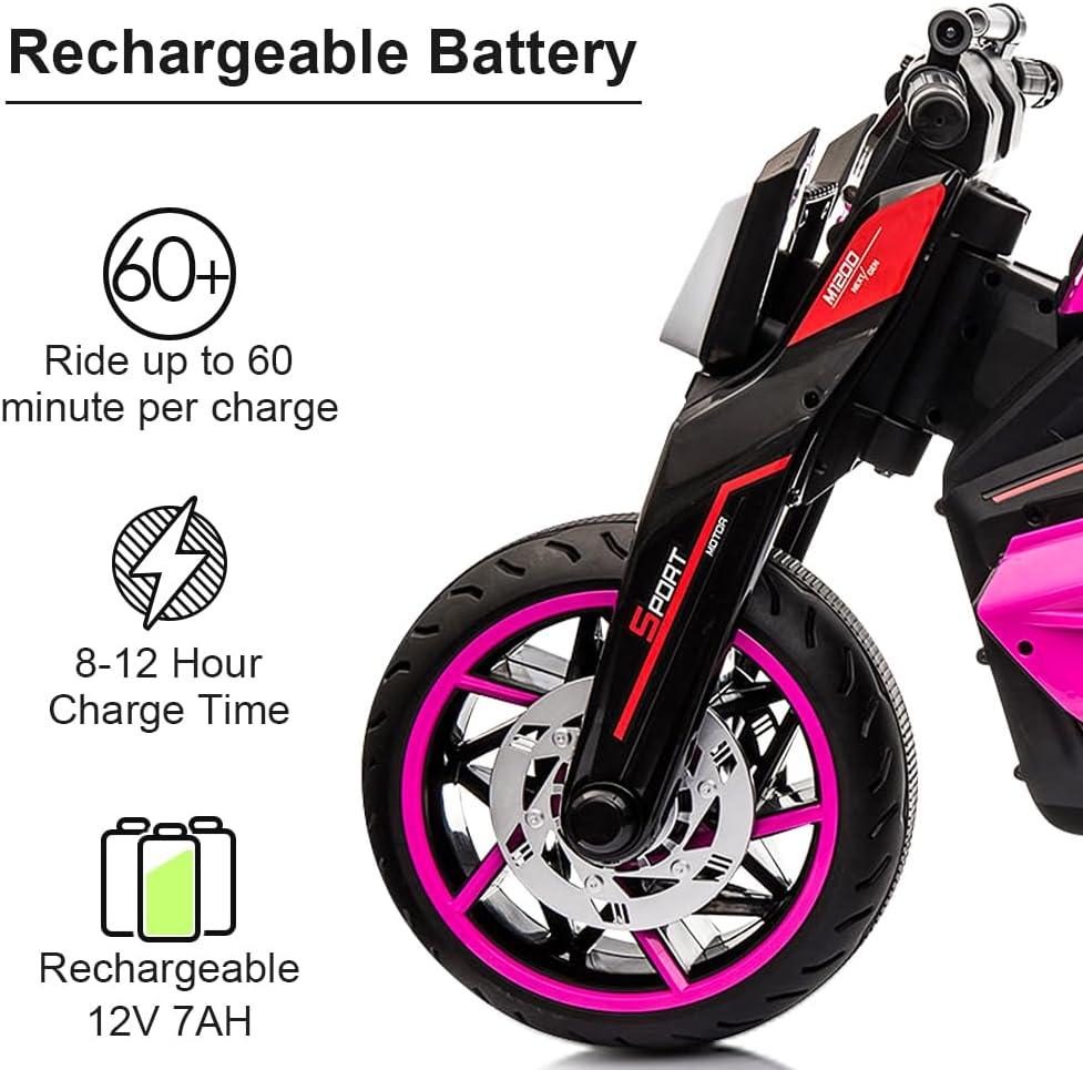 TOBBI 12V Kids Ride on Motorcycle Battery Powered Electric 3 Wheels Trike Motorcycle W/ Lights, Rose Red