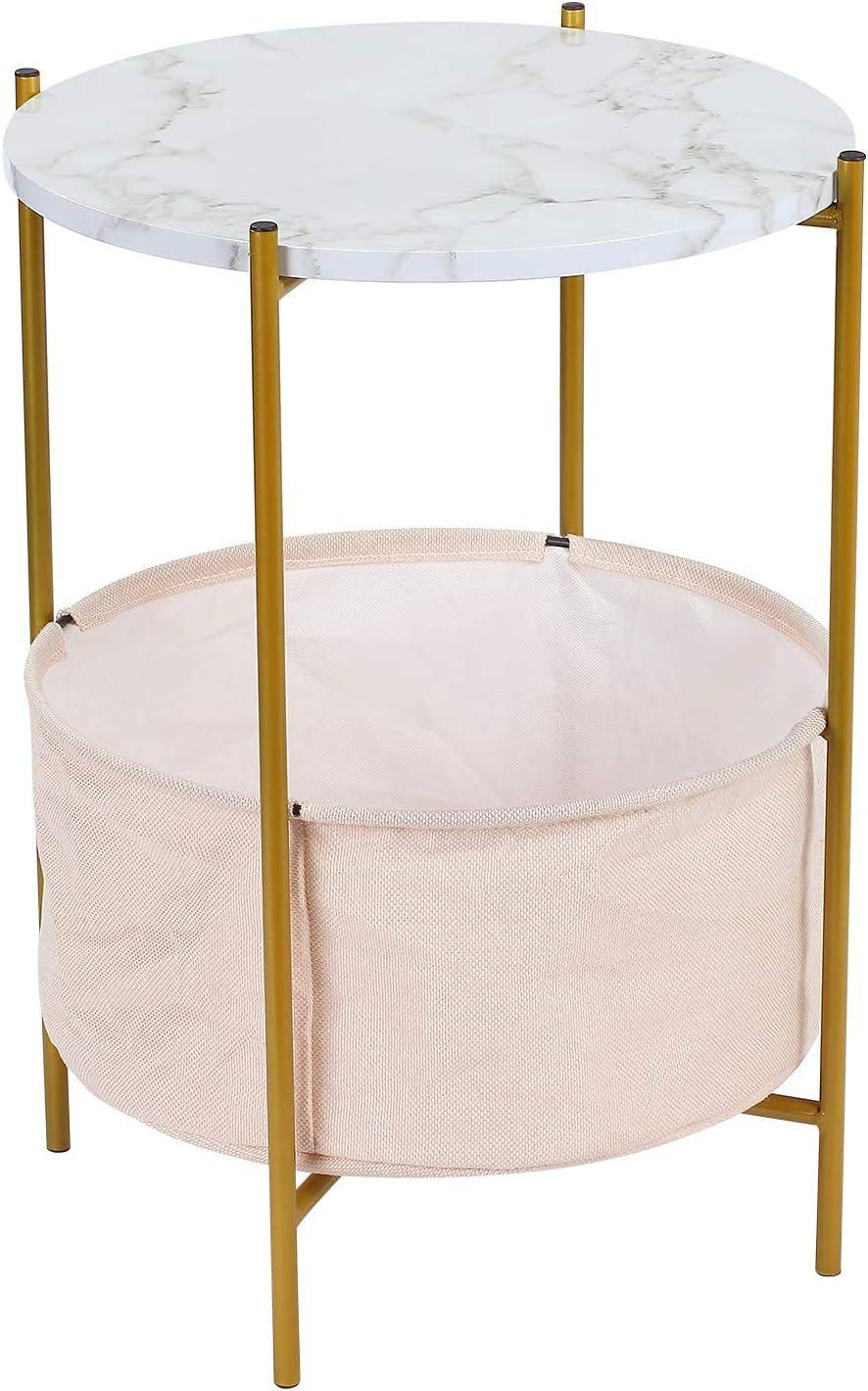 Round Gold Metal Frame Side Table with Faux Marble Top and Beige Fabric Basket