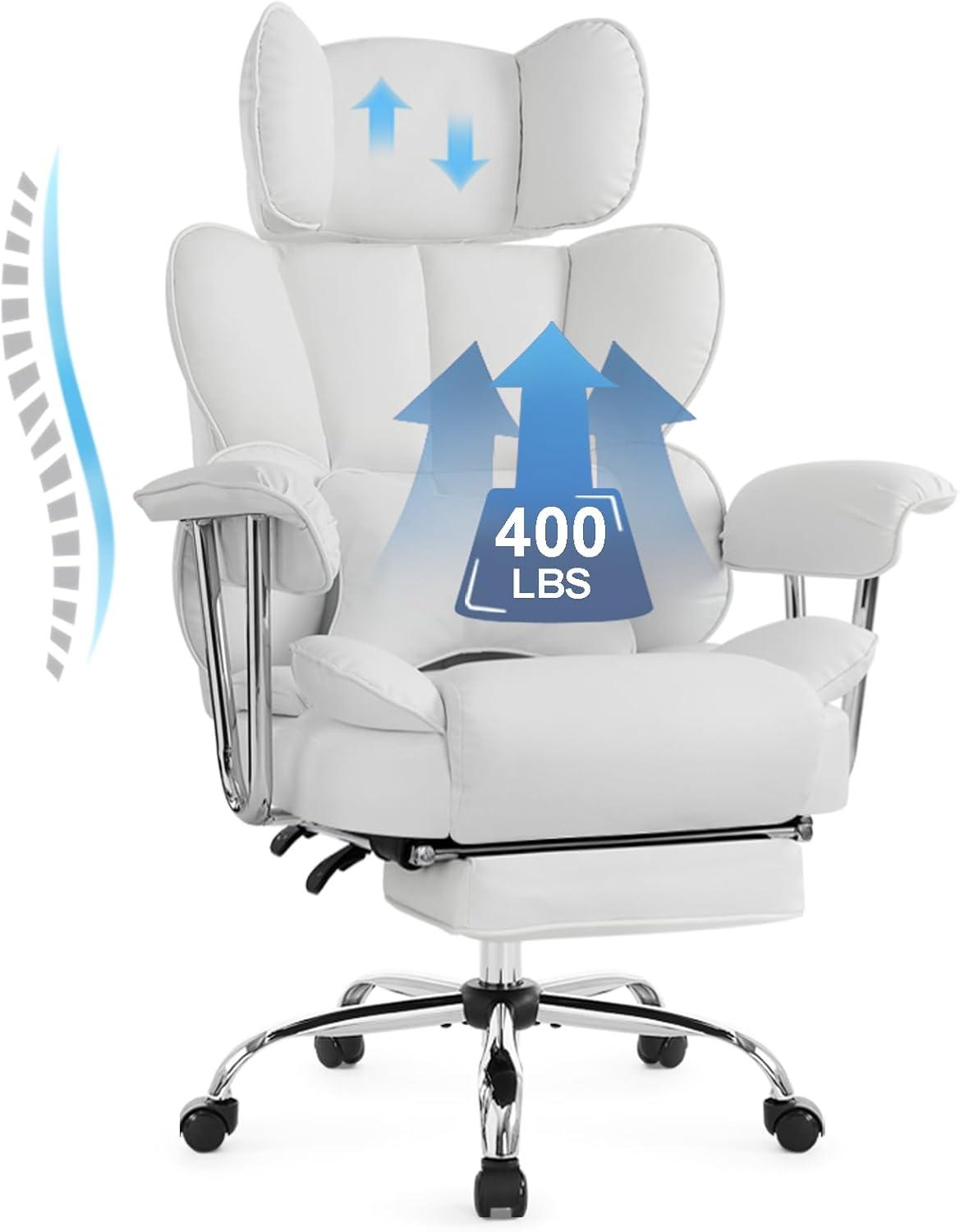 Back PU Leather Office Chair, Big and Tall Executive Desk Chair with Footrest & Lumbar Cushion, Lifting Headrest Ergonomic Computer Chair, Managerial Chair with Wide Seat & Armrests,White