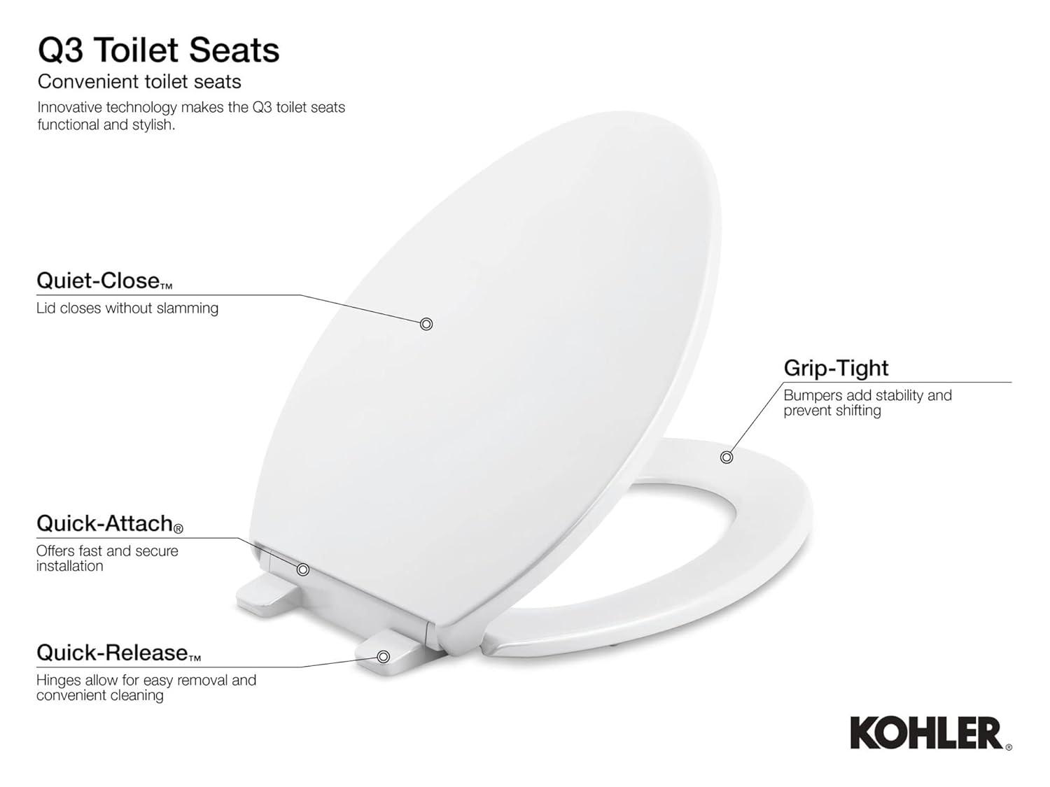 KOHLER K-4009-0 Reveal Round Toilet Seat, with Grip-Tight Bumpers, Quiet-Close Seat, Quick-Release Hinges, Quick-Attach Hardware, No Slam Toilet Seat, White