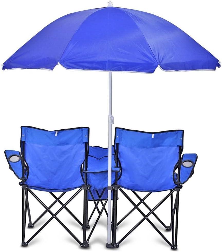 GoTeam Portable Double Folding Chair w/Removable Umbrella, Cooler Bag and Carry Case - Blue