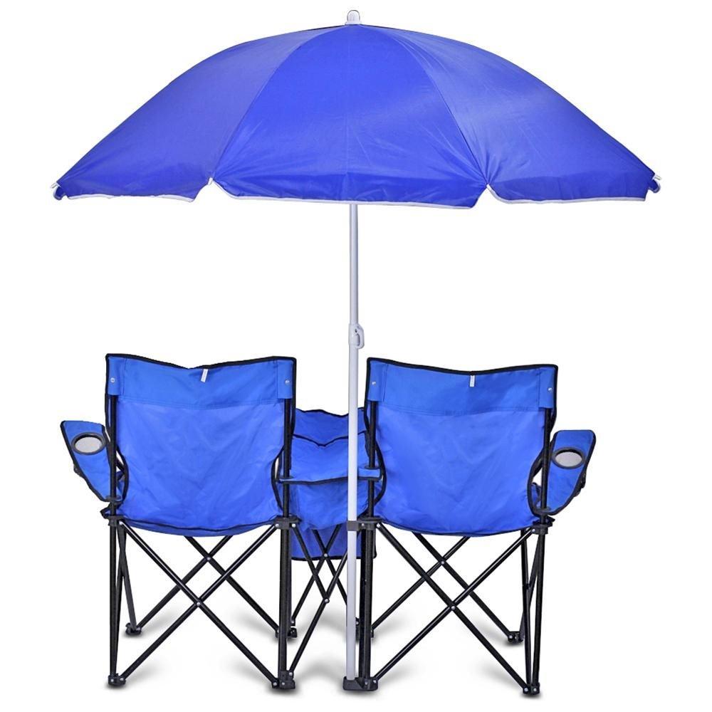 GoTeam Portable Double Folding Chair w/Removable Umbrella, Cooler Bag and Carry Case - Blue