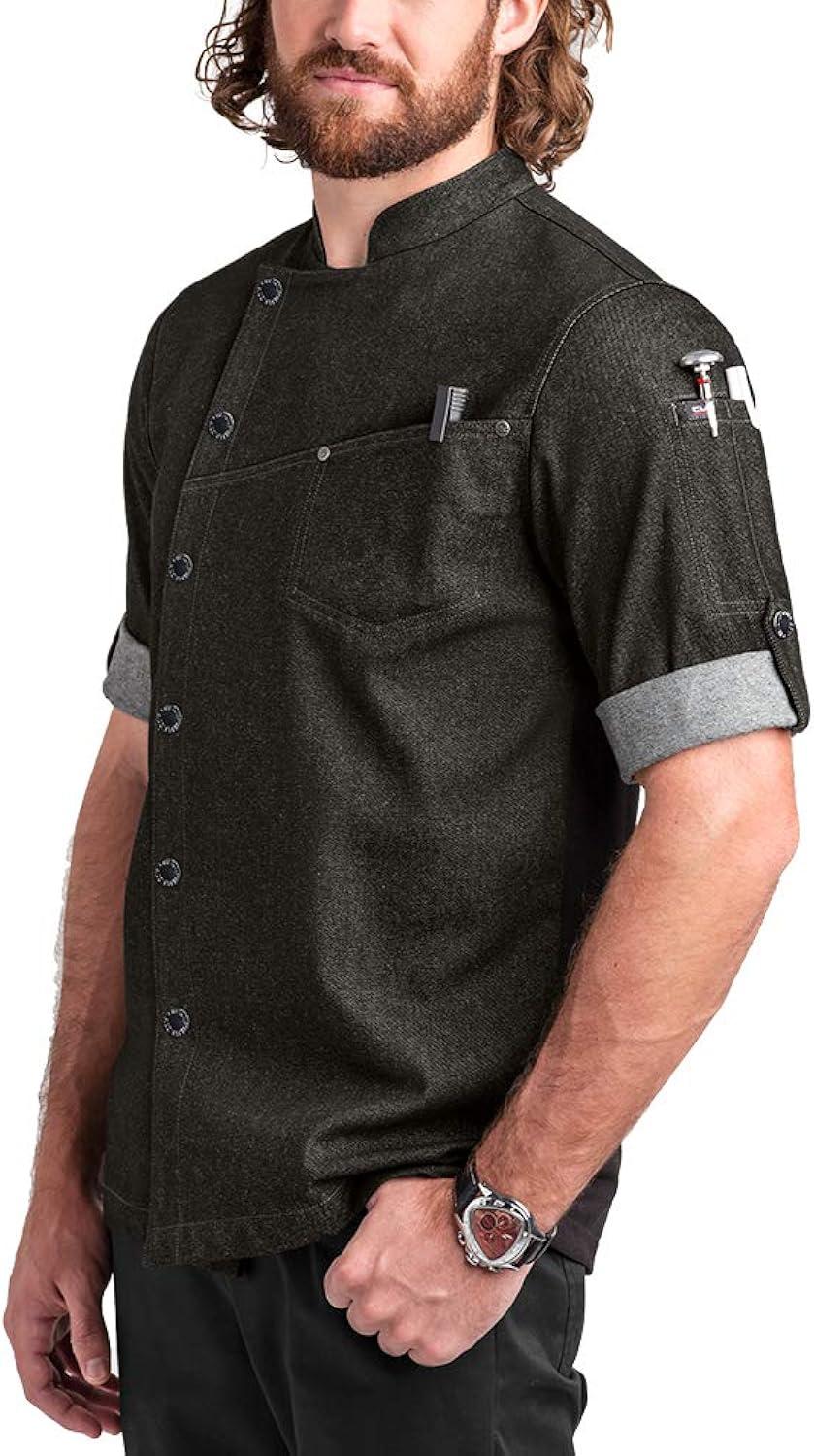 Men's Black Denim Asymmetrical Snap Chef Coat