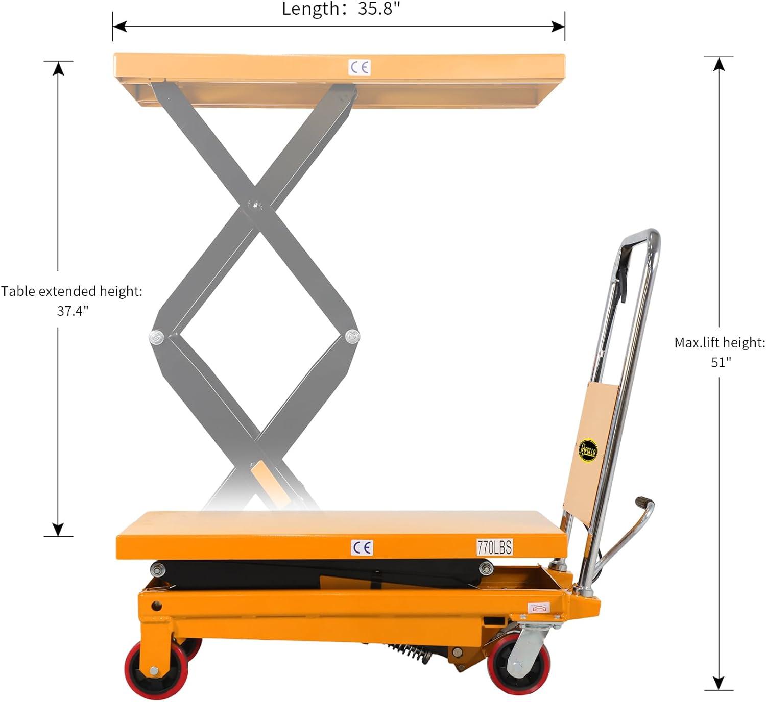 ApolloLift 330lb Yellow Steel Hydraulic Lift Table Cart with 43" Lift