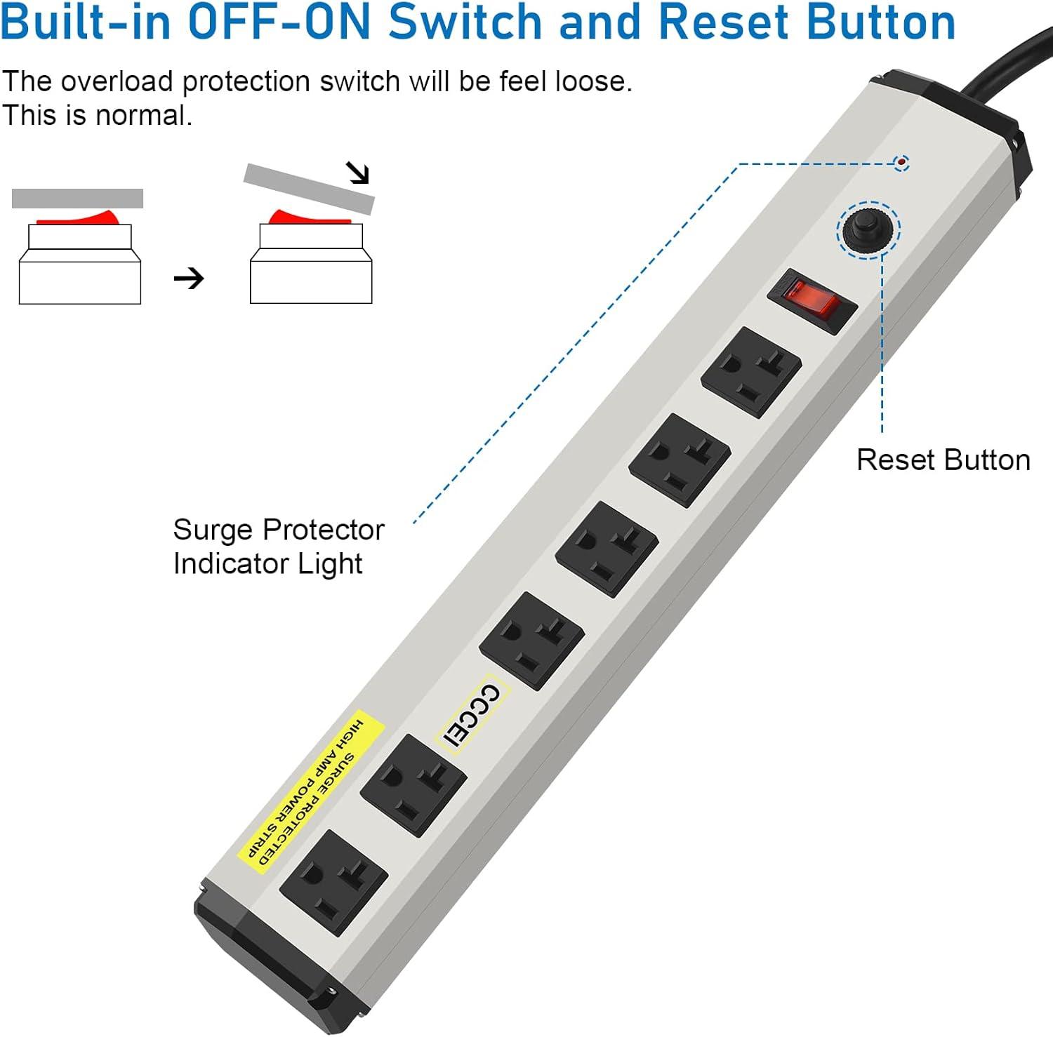 12 Gauge Heavy Duty Power Strip Surge Protector 4800J, 20 Amp 6 Plug Industrial Shop Garage Metal Multiple Outlets, 6 FT Extension Cord 5-15P Adapter High Amp 6-20R T-Slot 20a for Appliance.