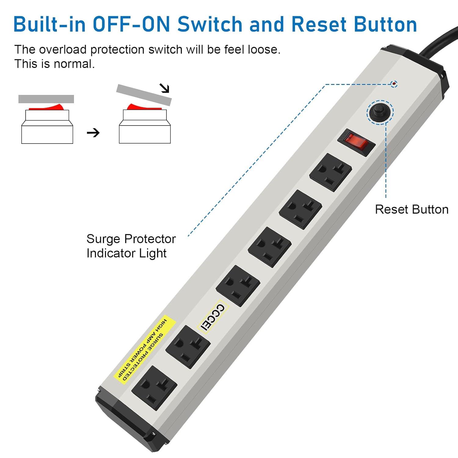 12 Gauge Heavy Duty Power Strip Surge Protector 4800J, 20 Amp 6 Plug Industrial Shop Garage Metal Multiple Outlets, 6 FT Extension Cord 5-15P Adapter High Amp 6-20R T-Slot 20a for Appliance.
