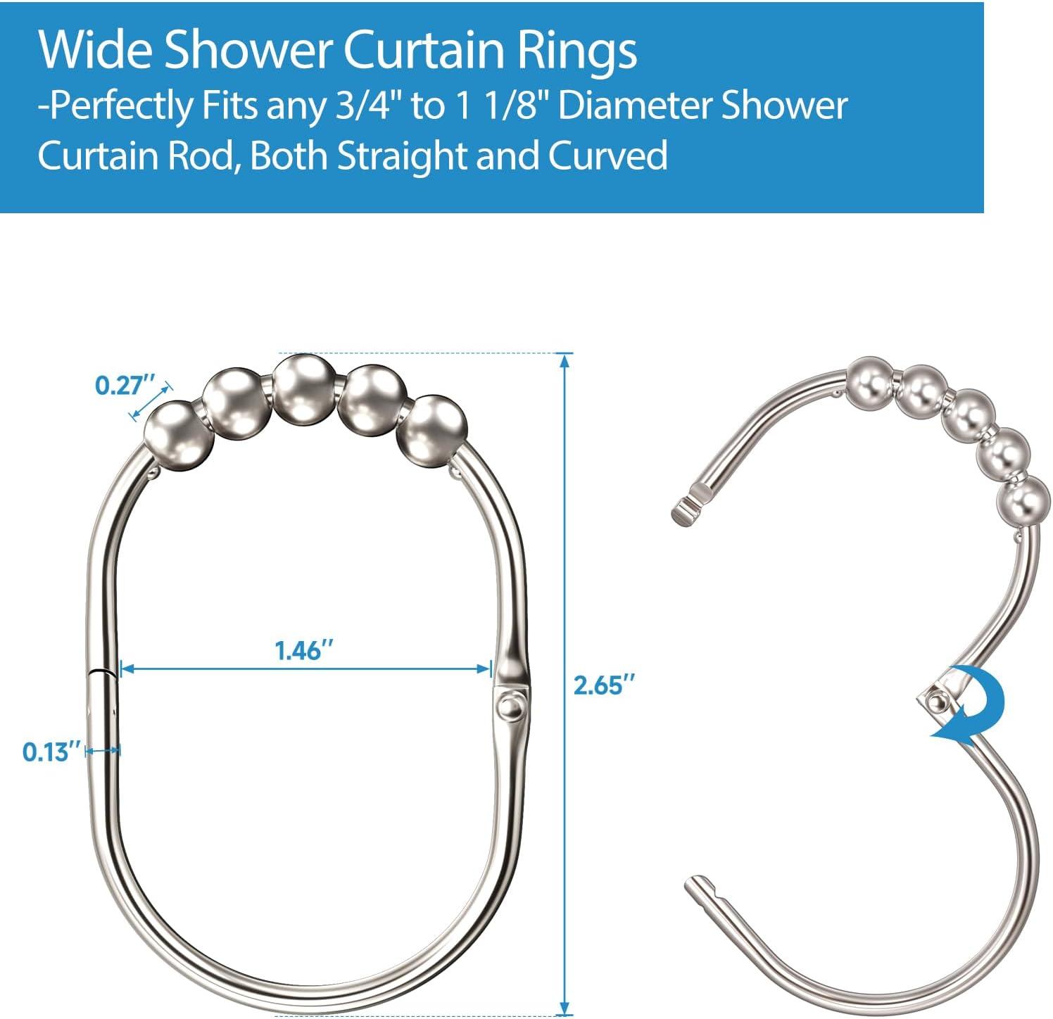 12PCS Wide Shower Curtain Hooks, Rust Proof Stainless Steel Shower Curtain Rings, Heavy Duty Shower Hooks for Shower Curtain Bathroom Curtain Hooks, Easy Glide Rollers, Set of 12, Chrome Chrome