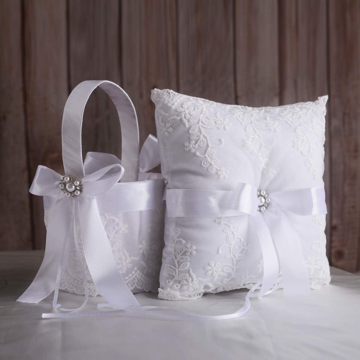 White Satin Lace Wedding Ring Pillow and Flower Girl Basket Set