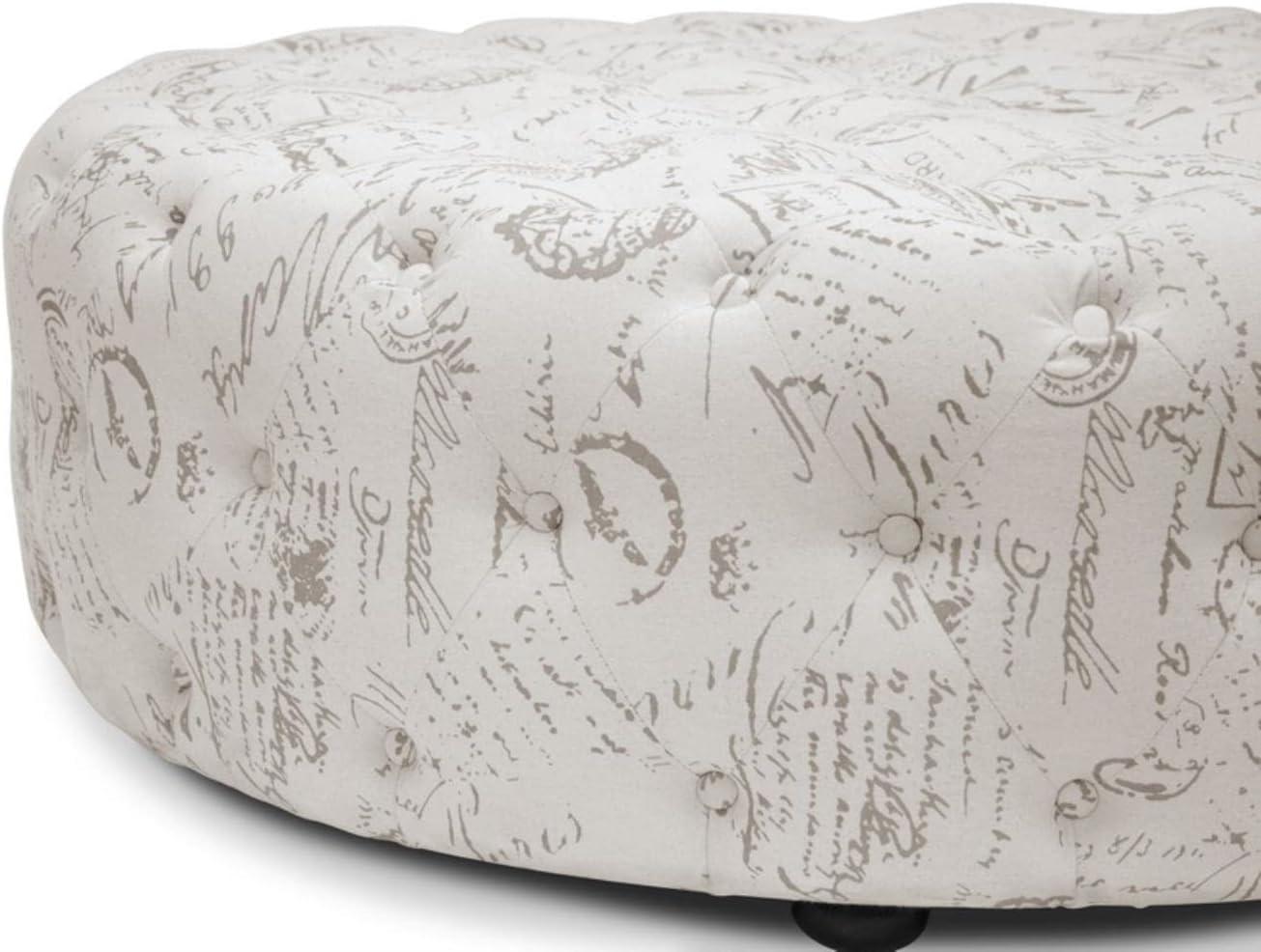 Cardiff Script Print Modern Tufted Ottoman - Baxton Studio: Circular, Linen Upholstery, Wood Legs