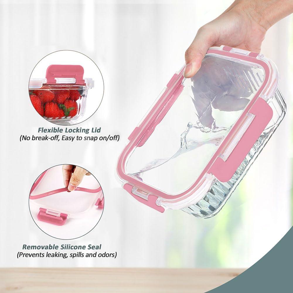 Pink Glass Meal Prep Containers with Airtight Lids, Set of 10