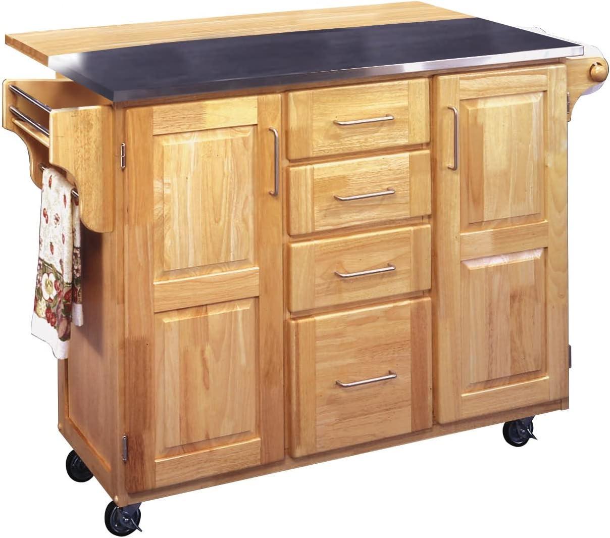 Breakfast Bar Kitchen Cart Natural with Stainless Steel Top - Home Styles: Rolling Island, Storage, Modern Design