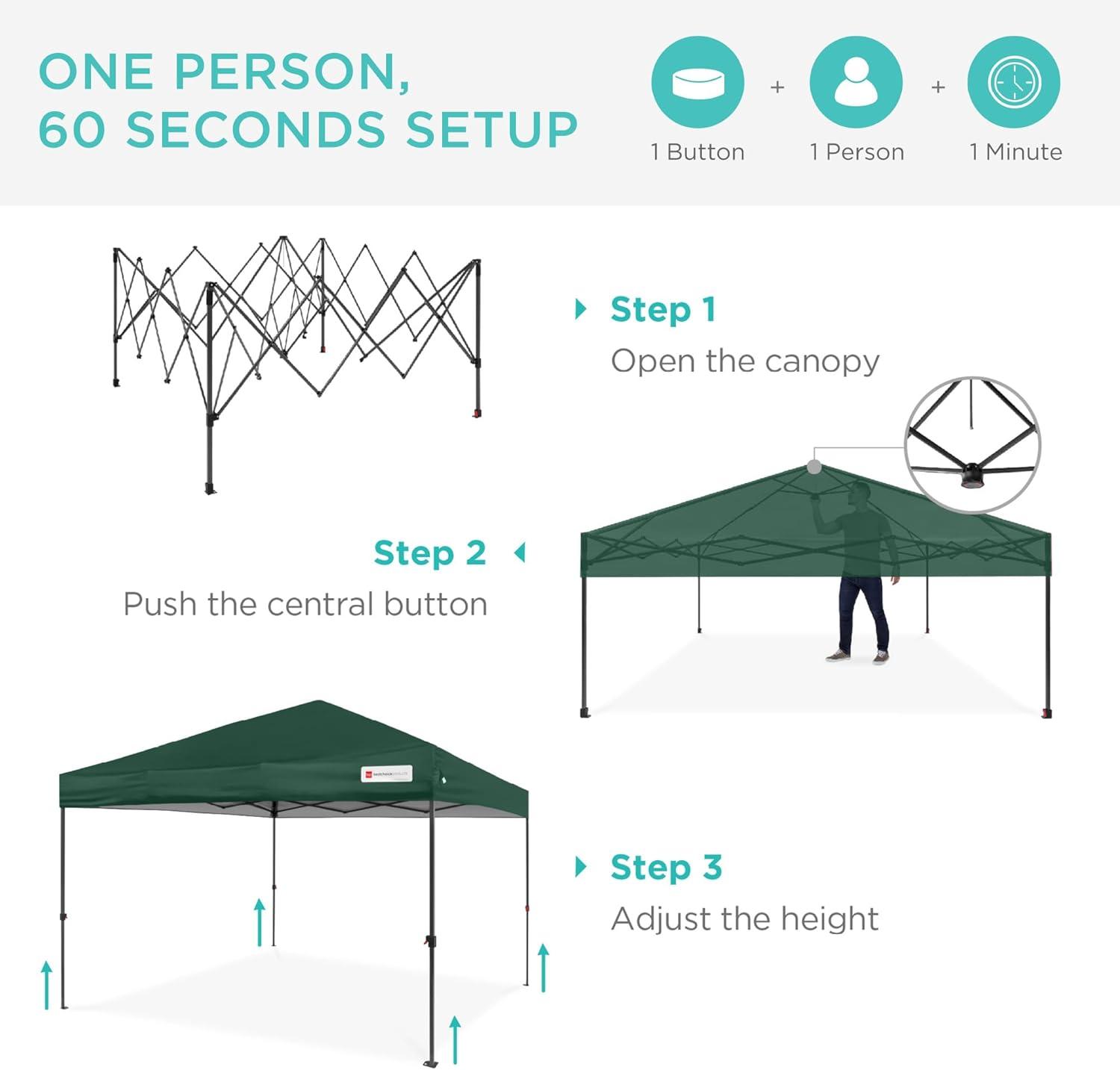 Best Choice Products Best Choice Products Easy Setup Pop Up Canopy W/ 1-Button Setup, Wheeled Case, 4 Weight Bags