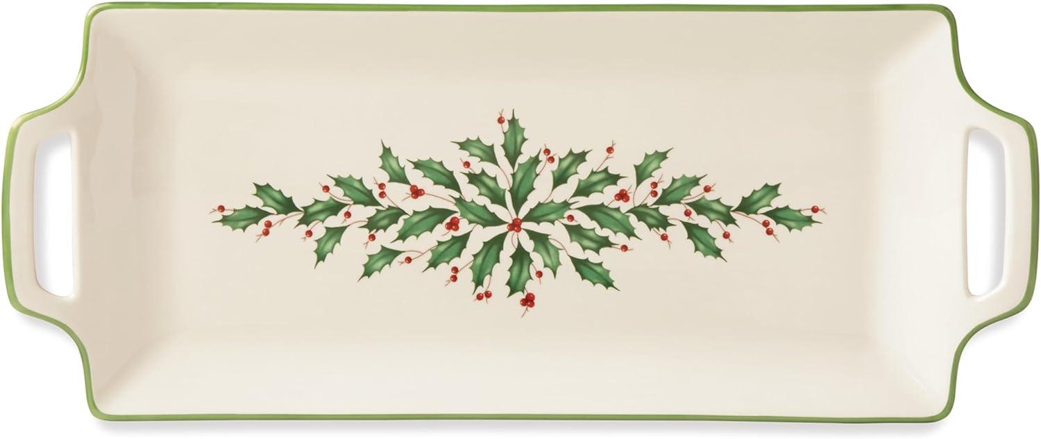 Festive Ivory Porcelain Holiday Hors D'Oeuvre Tray with Holly Motif