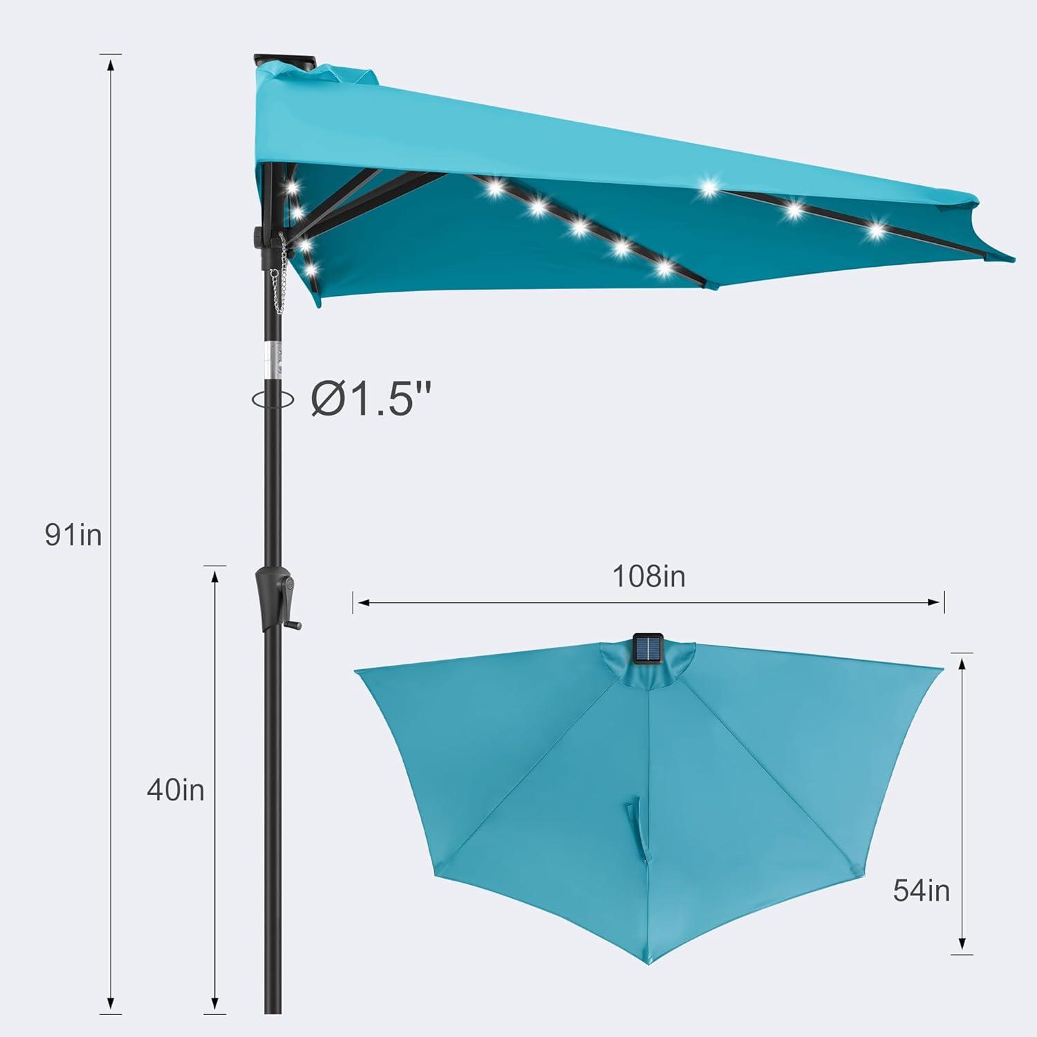 FLAME&SHADE 9 ft Half Round Solar Powered Outdoor Market Patio Table Umbrella for Wall Balcony with LED Lights and Tilt, Aqua Blue