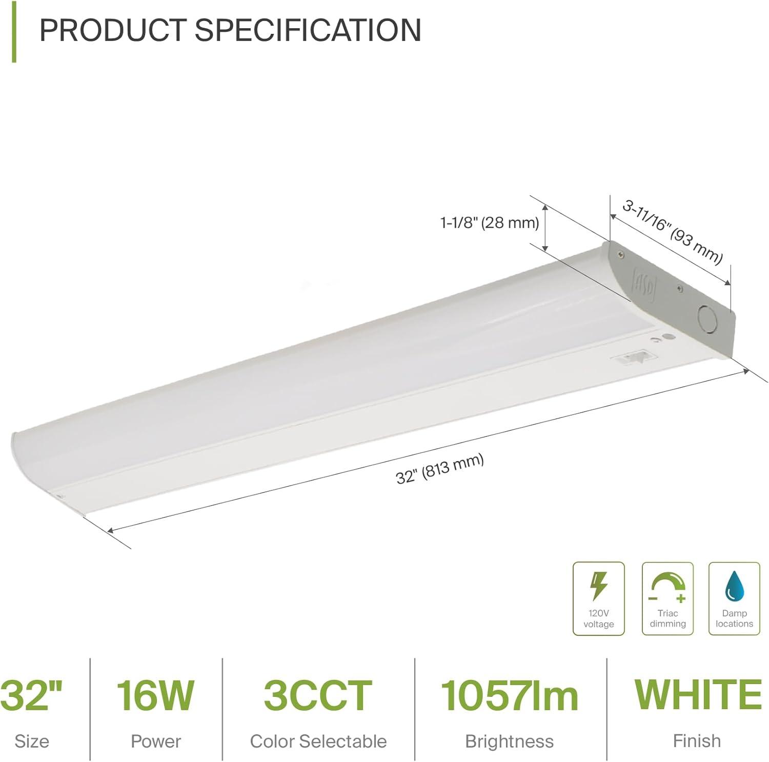 ASD LED Under Cabinet Lighting, 32 inch 16W 1057 LM, Dimmable Hardwired Under Cabinet Lights for Kitchen, 3000K Soft/4000K Cool/5000K Daylight, Under Counter Light Fixtures, ETL Energy Star, White