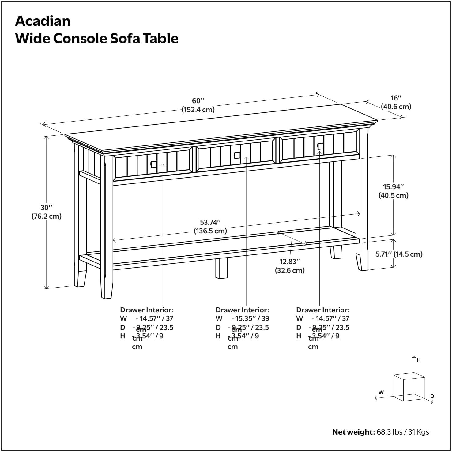 Simpli Home Acadian 60"W Solid Wood Wide Storage Console Table in Brunette Brown with Three Drawers and Open Shelf
